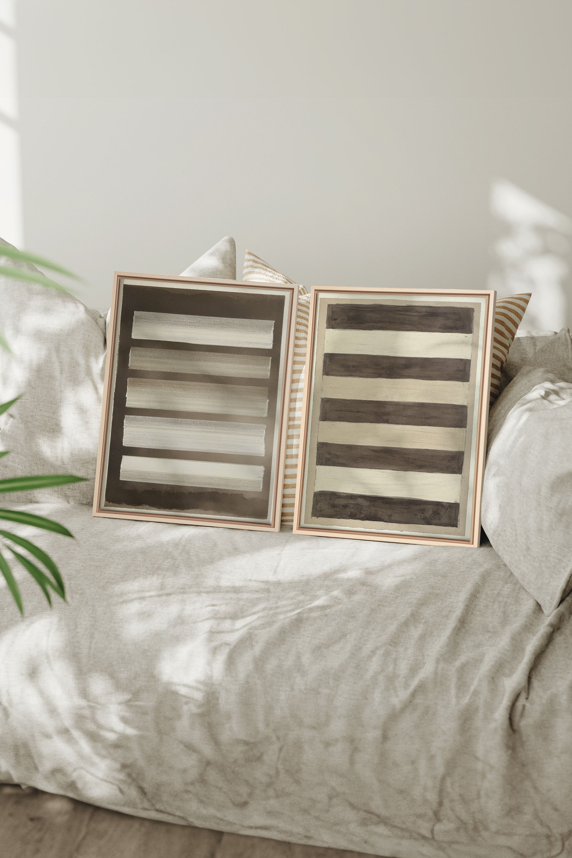 OLEKA CANVAS - SANDY LINES DUO, 2 Oeuvres sur toile étirée, encadré Naturel Clair