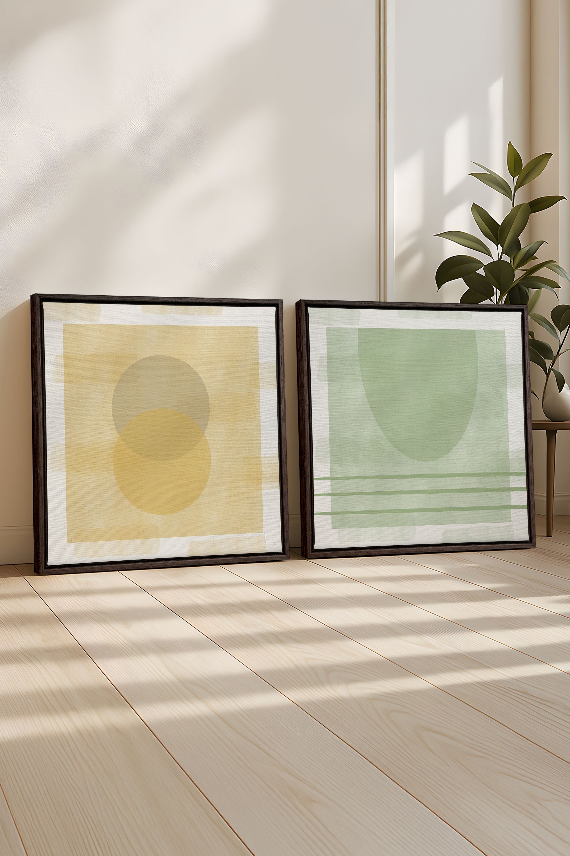 OLEKA CANVAS - DUO ÉQUILIBRE ESTIVAL, 2 Oeuvres sur toile étirée, encadré Brun Noyer