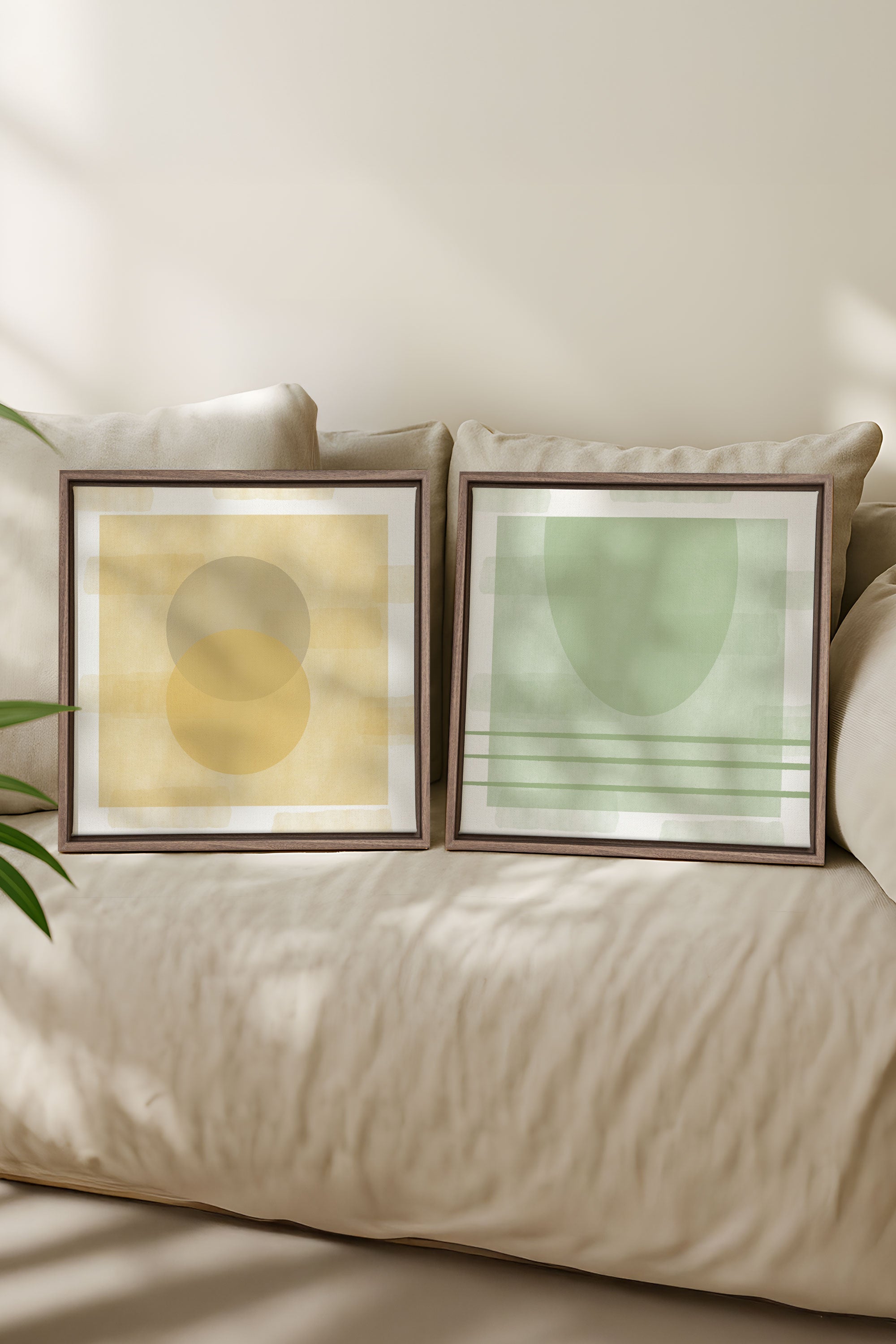 OLEKA CANVAS - DUO ÉQUILIBRE ESTIVAL, 2 Oeuvres sur toile étirée, encadré Brun Chêne