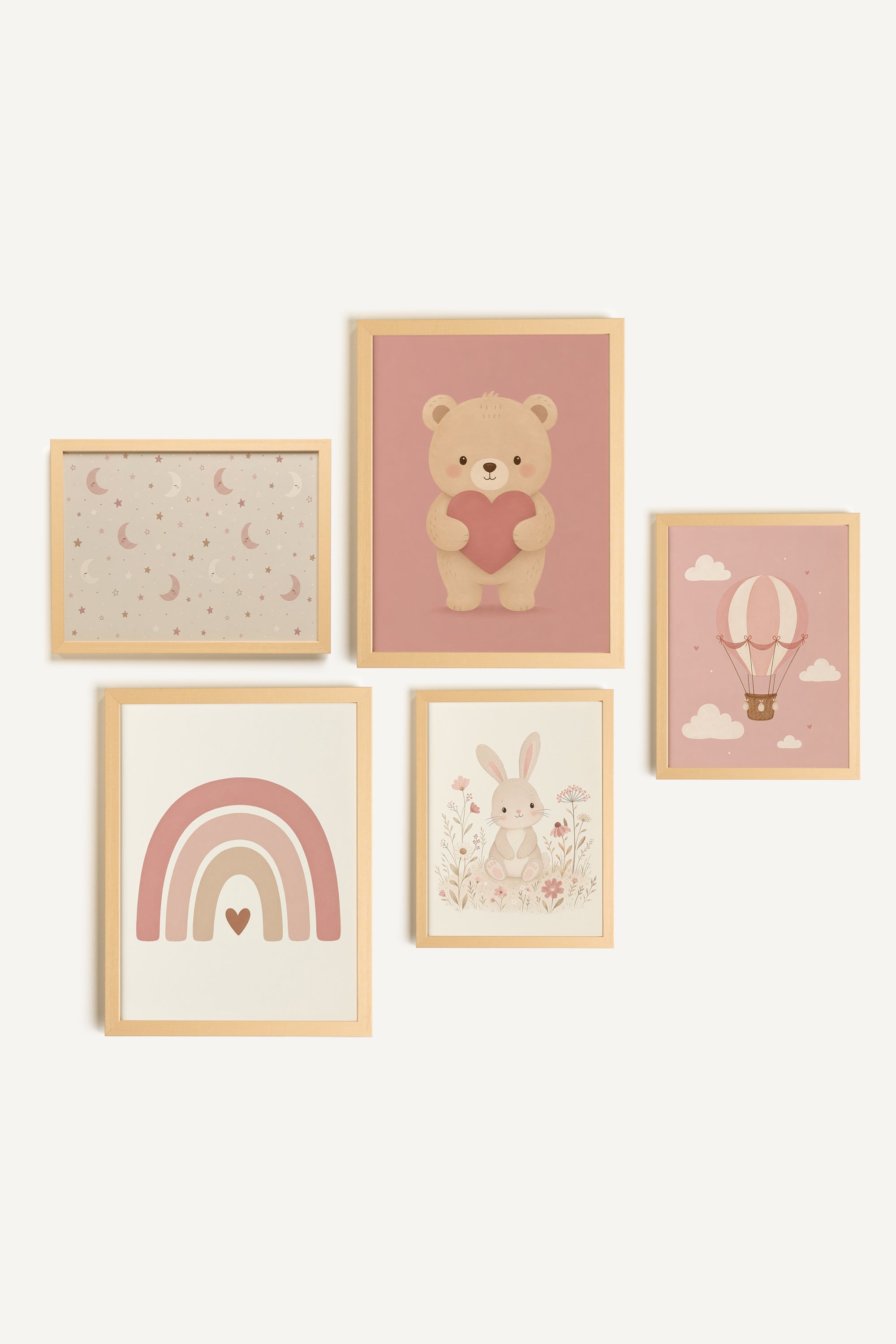 Magie Rosée, set of 5 works on rigid canvas, natural light frame