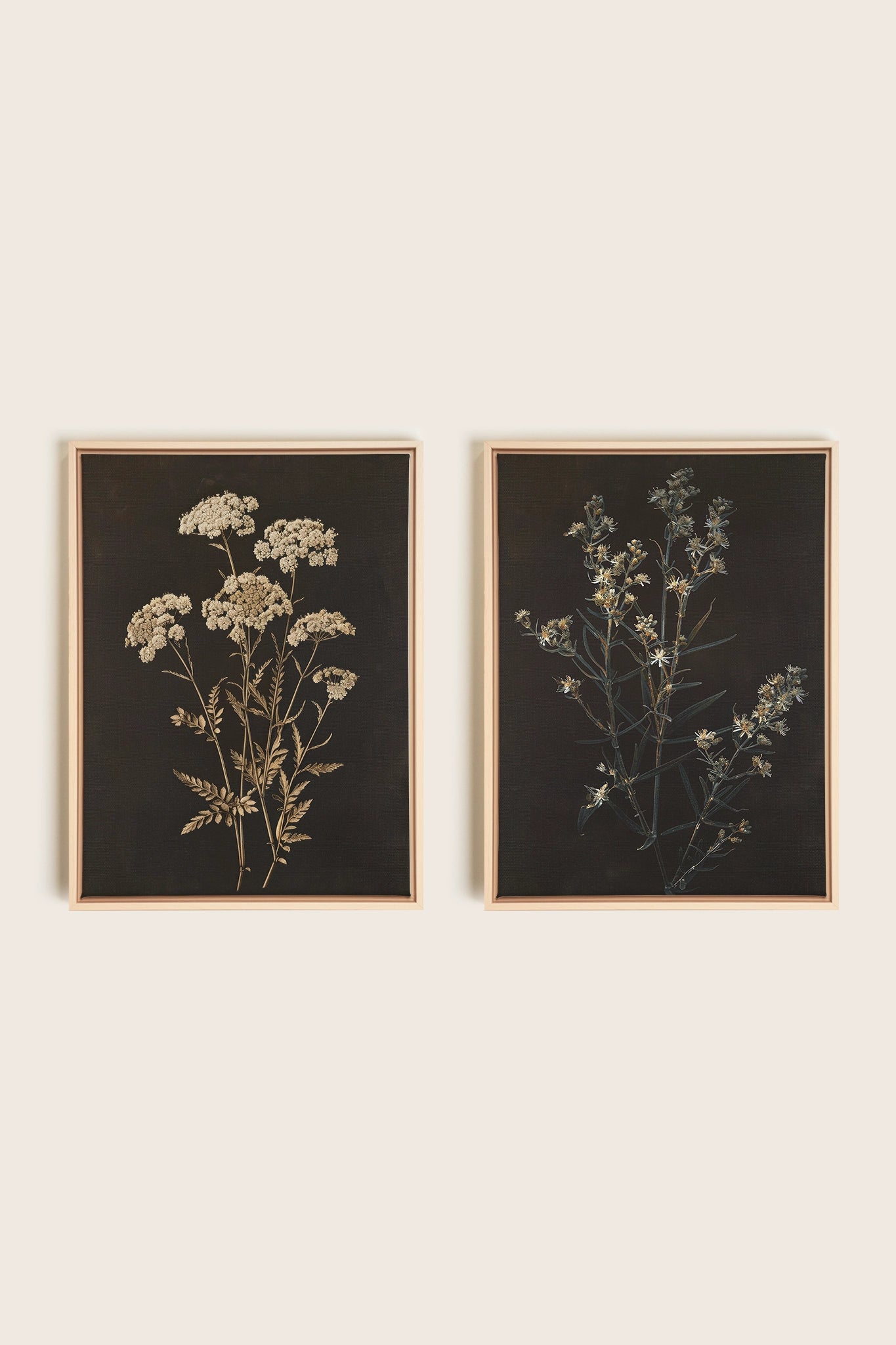 DUO FLEURS PRÉCIEUSES, 2 Oeuvres sur toile étirée, encadré Naturel Clair