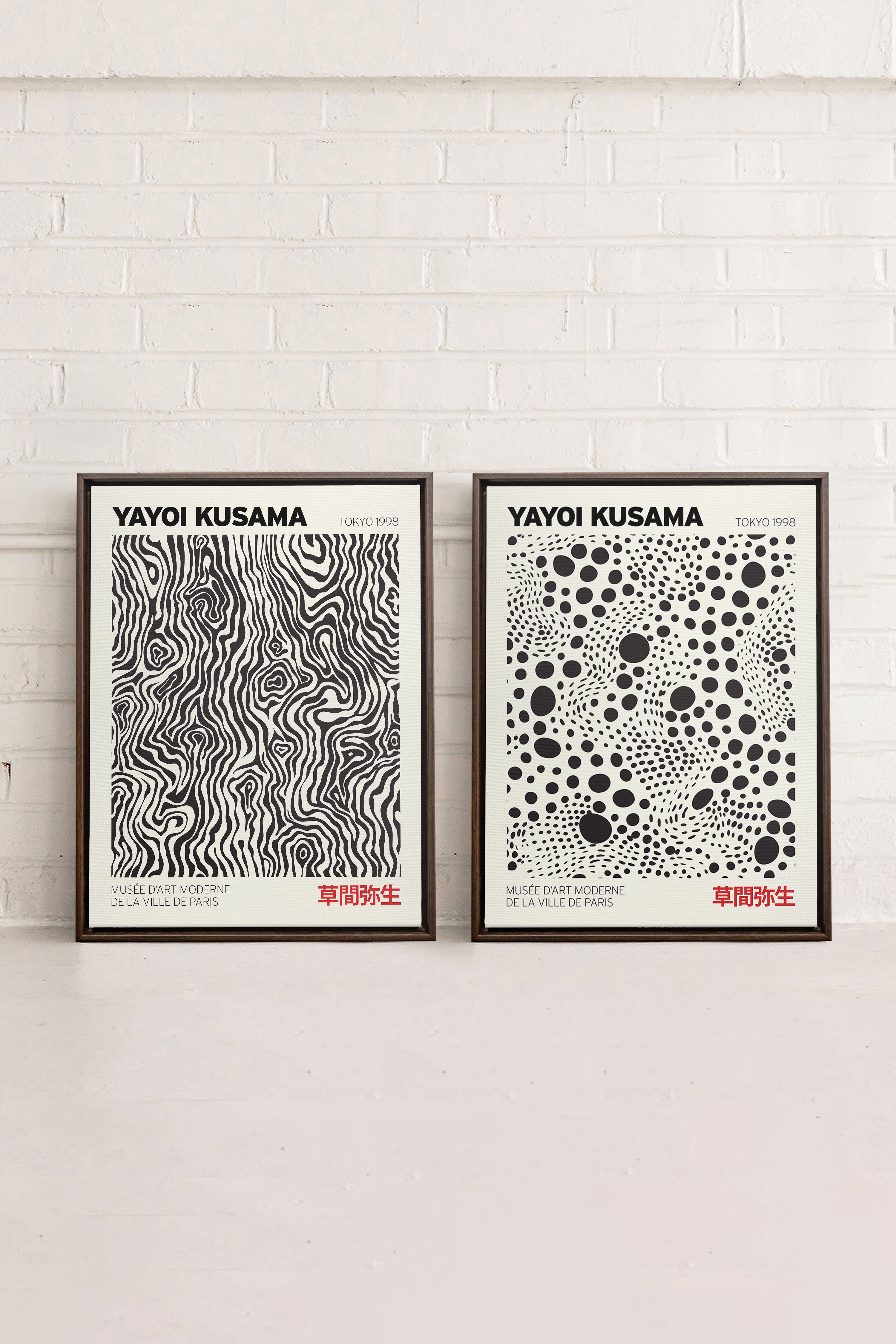 COMBINAISON KUSAMA, 2 Works on stretched canvas, framed in Walnut Brown