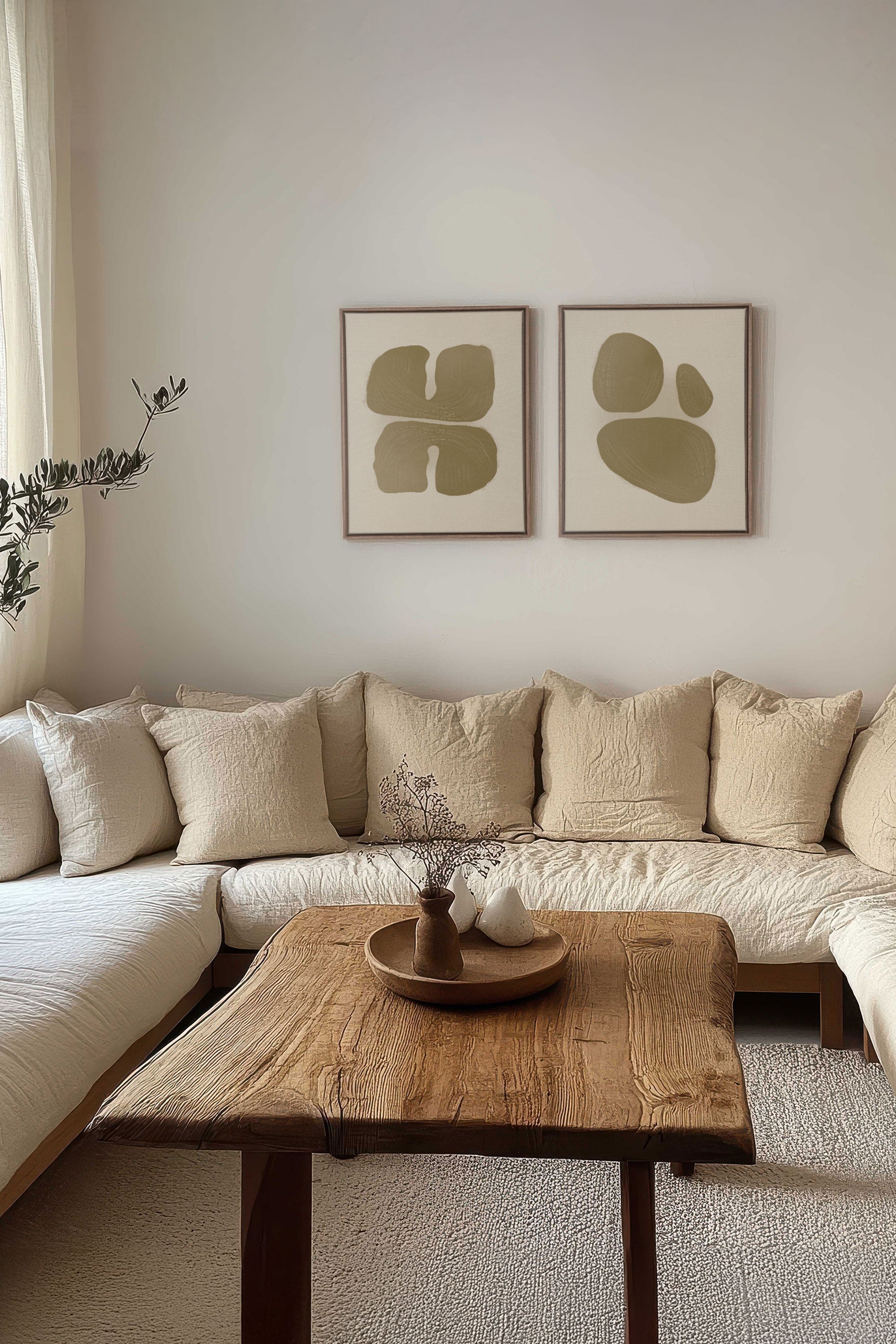 OLEKA CANVAS - COMBINAISON M TON INTÉRIEUR, 2 Oeuvres sur toile étirée, encadré Brun Chêne