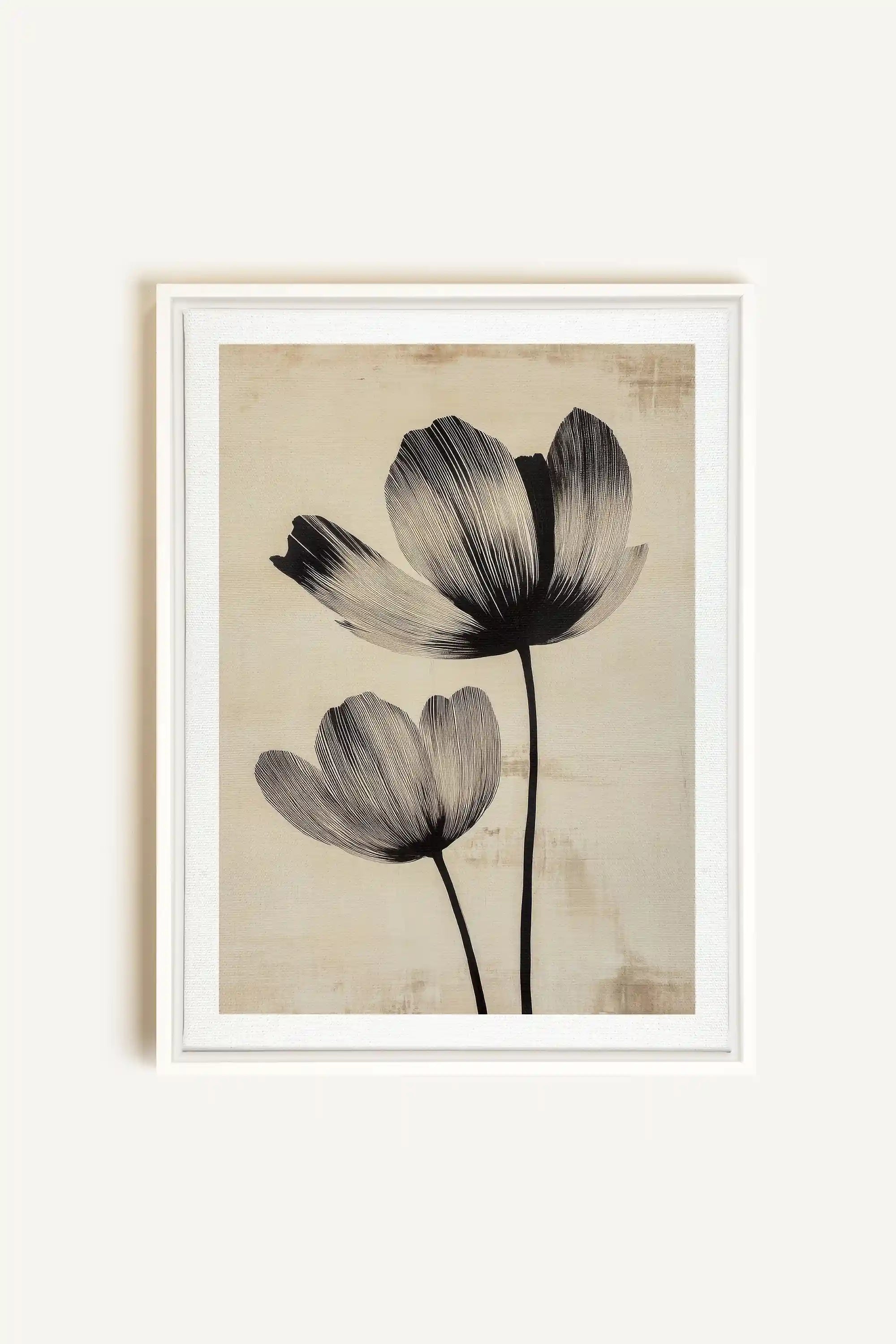 EBONY FLOWERS, Artwork on stretched canvas, framed in white