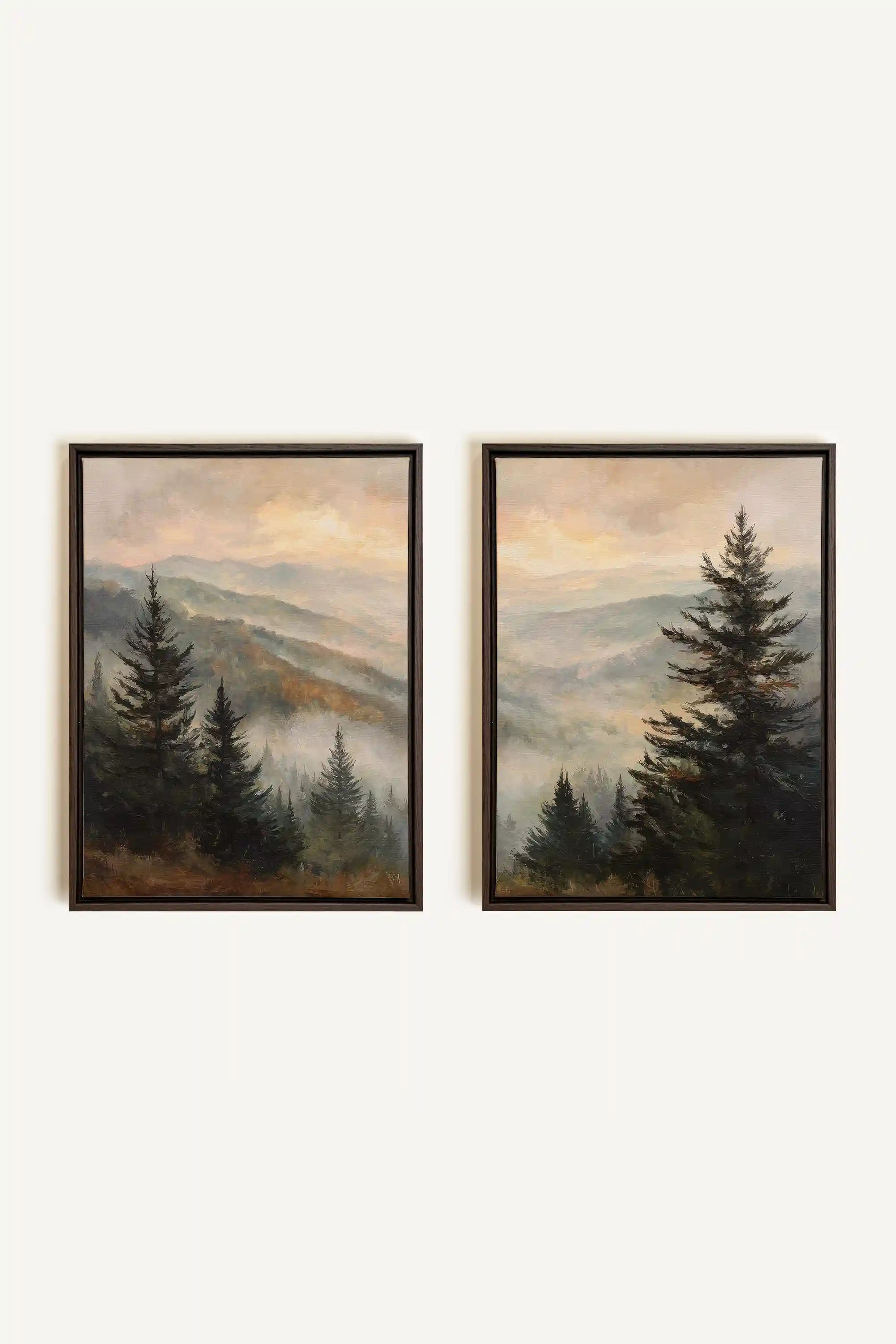 ECHOES IN THE MIST DUO, 2 Works on stretched canvas, framed in Walnut Brown