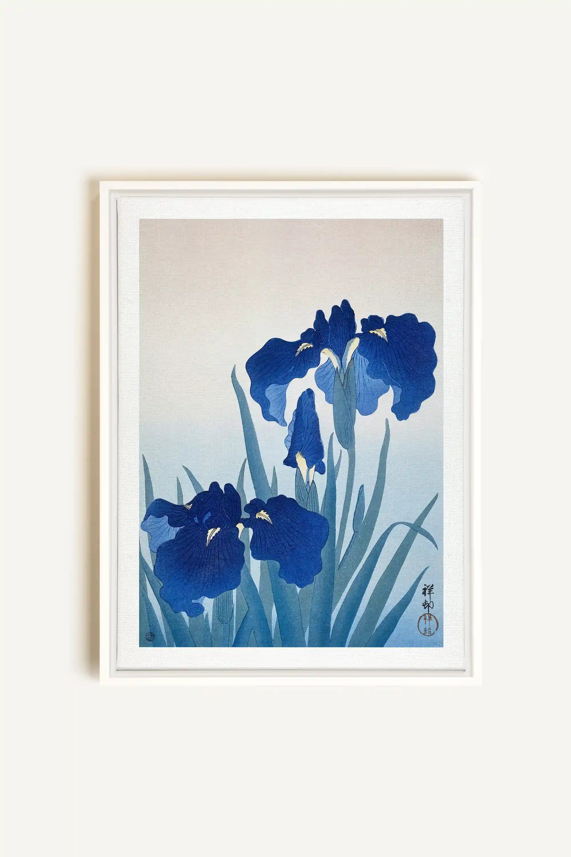 IRIS FLOWERS, Artwork on stretched canvas, framed in white