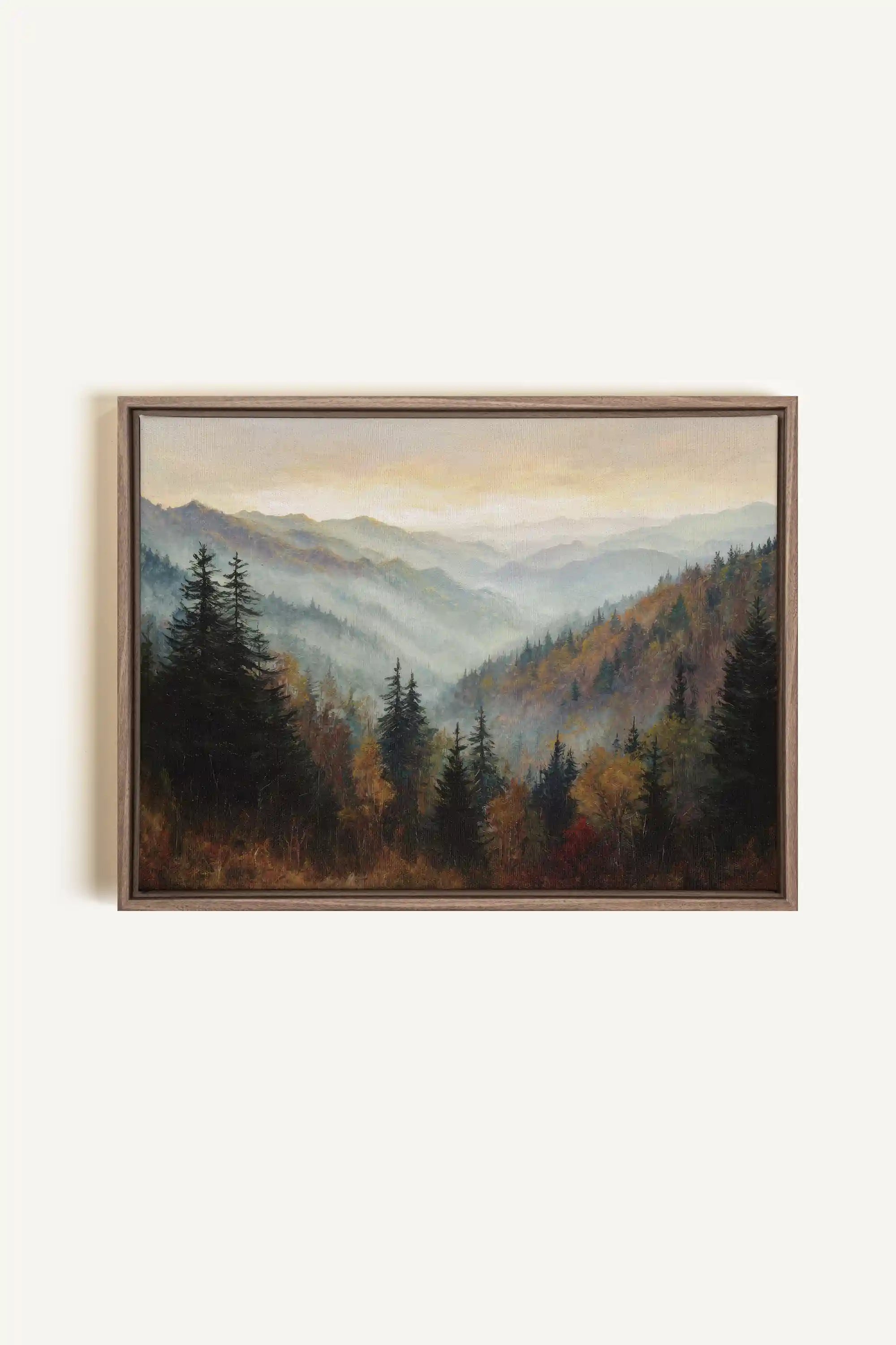 MOUNTAIN MORNING II, Artwork on stretched canvas, framed in Brown Oak