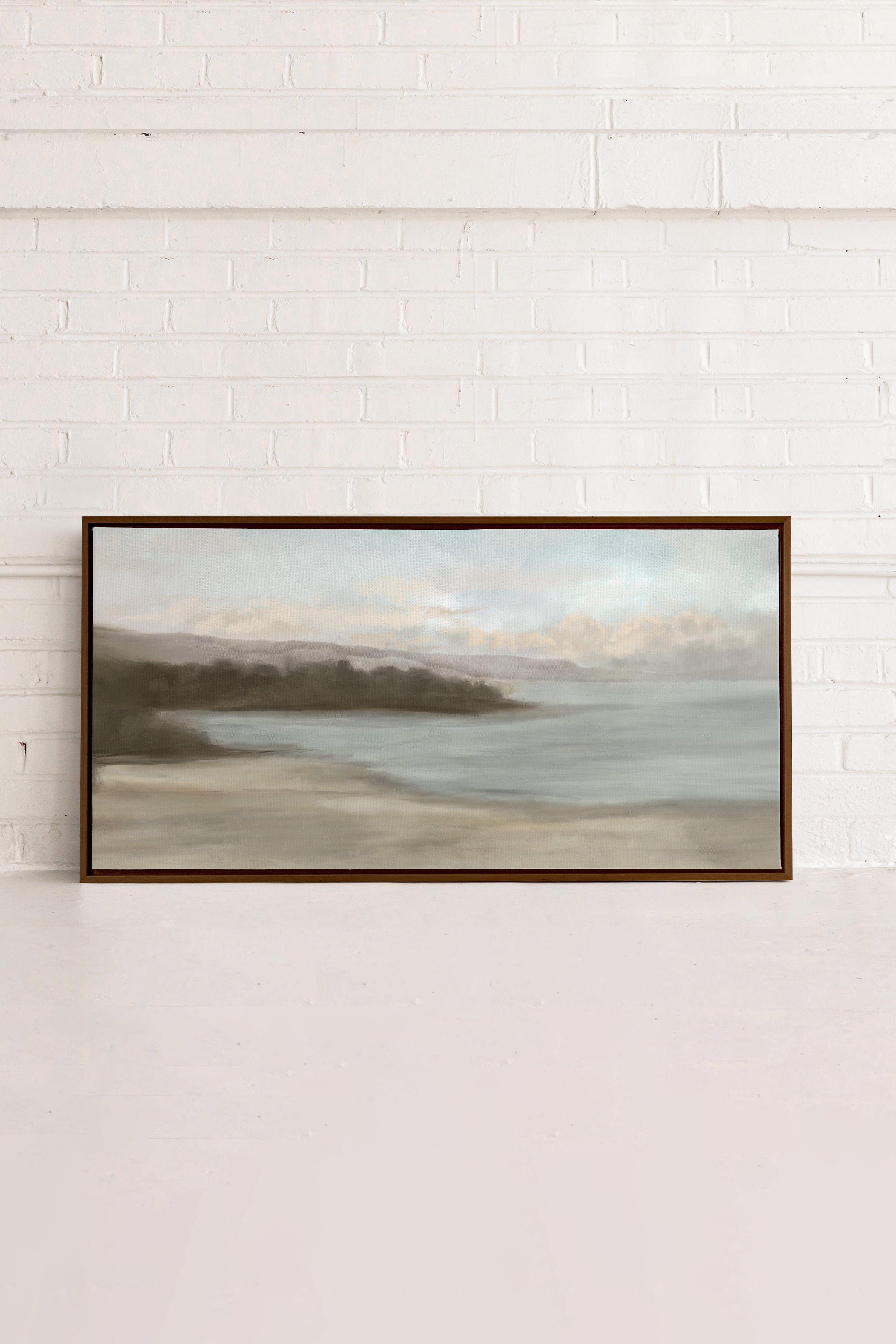 OLEKA CANVAS - CALME SUR LA RIVE, Oeuvre sur toile étirée, encadré Brun Noyer