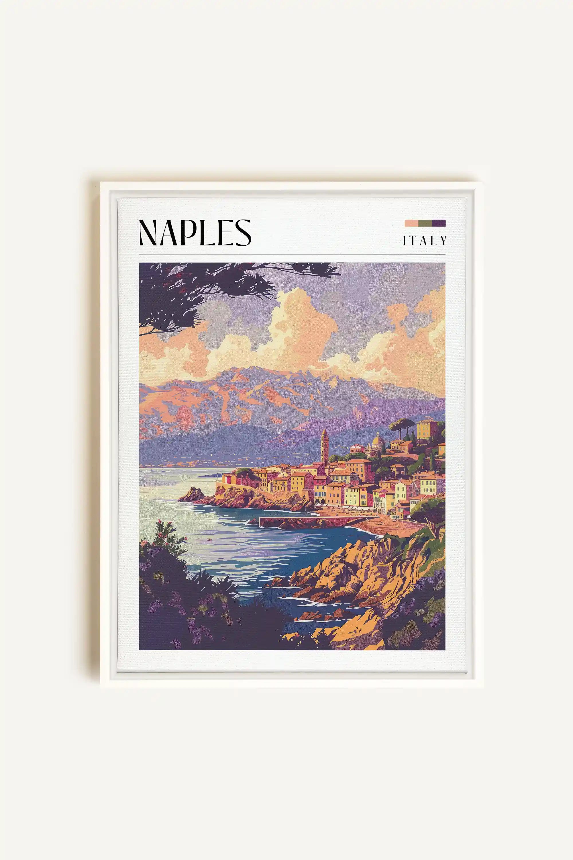 Naples, Oeuvre sur toile étirée, encadré Blanc