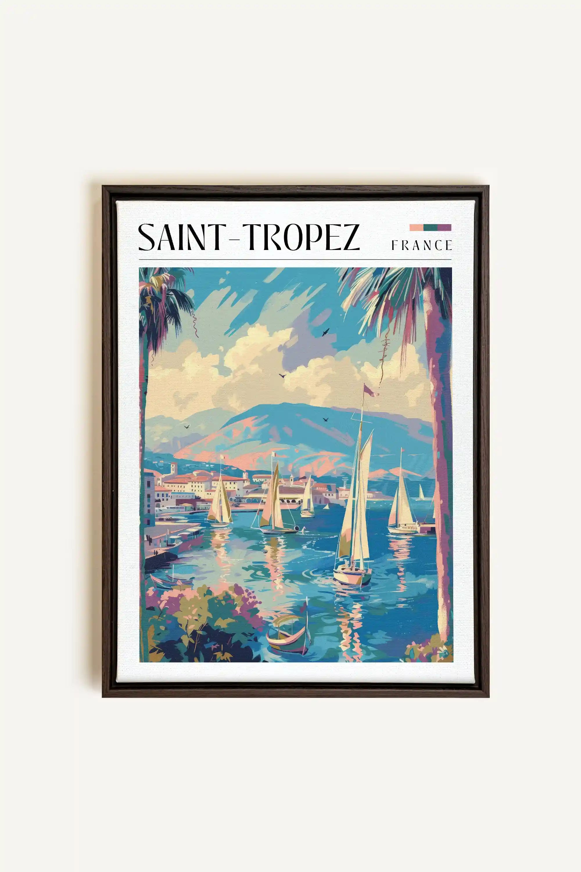 Saint-Tropez, Oeuvre sur toile étirée, encadré Brun Noyer