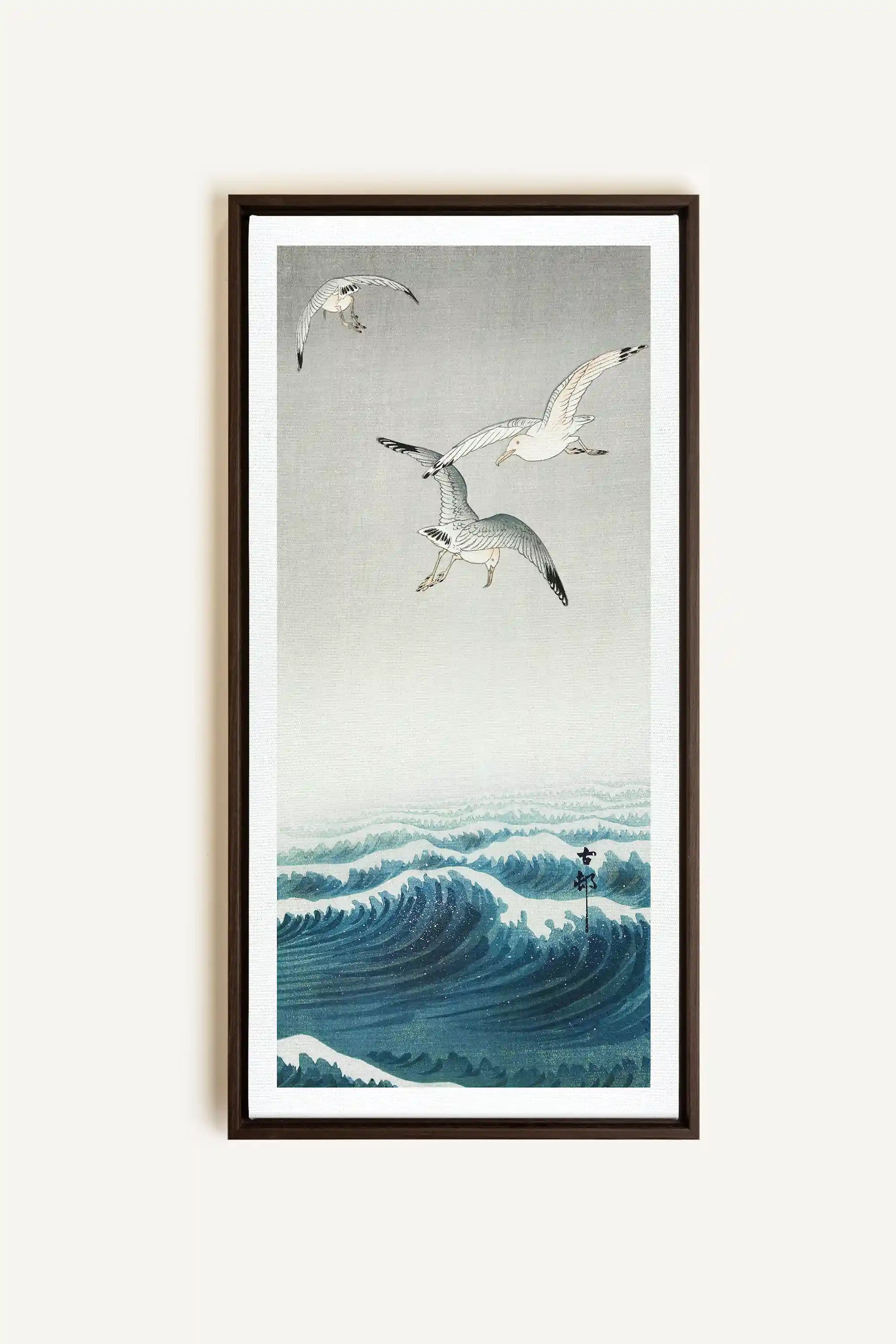 THREE SEAGULLS, Oeuvre sur toile étirée, encadré Brun Noyer