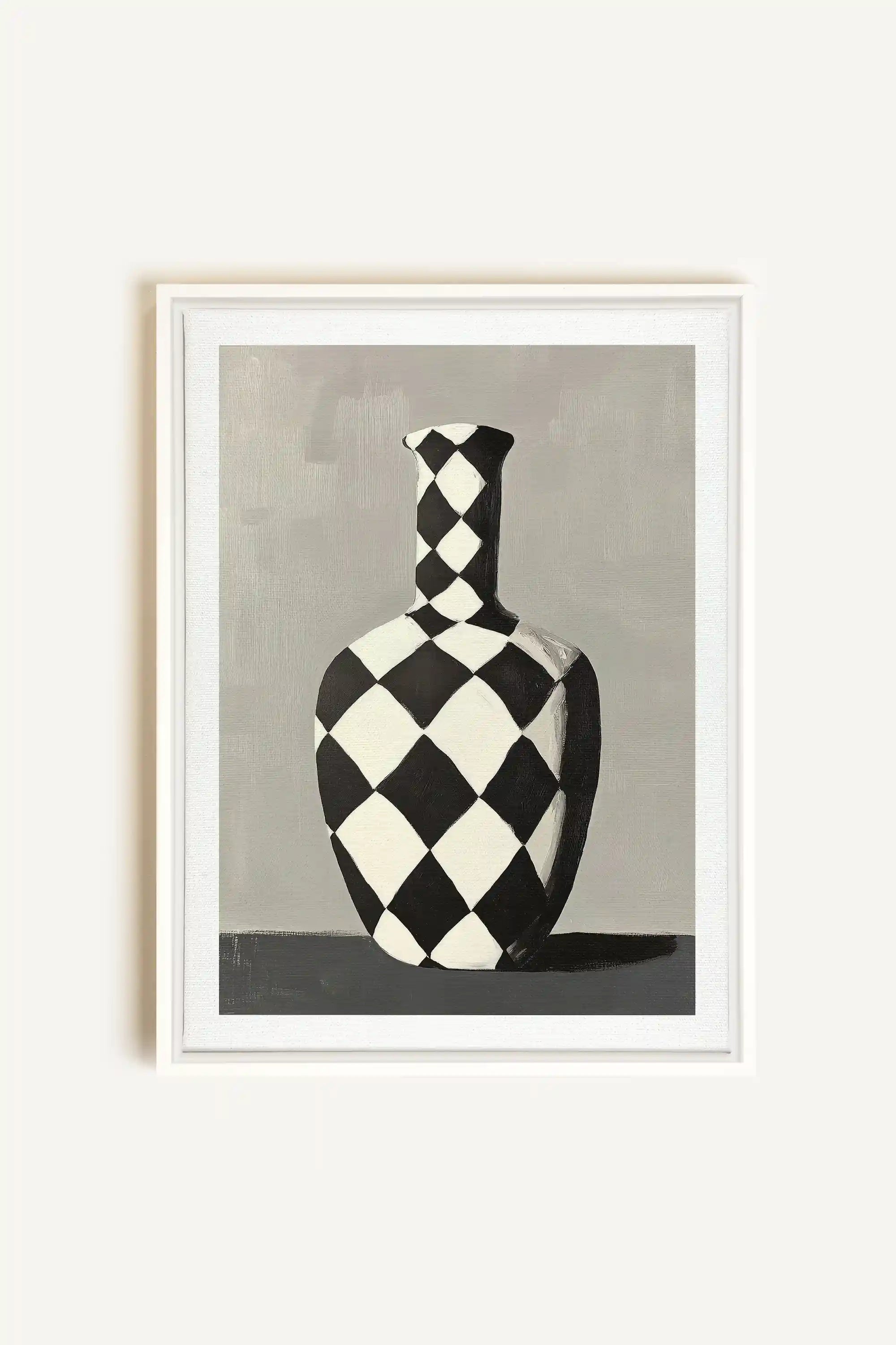 VASE EN DAMIER, Artwork on stretched canvas, framed in white