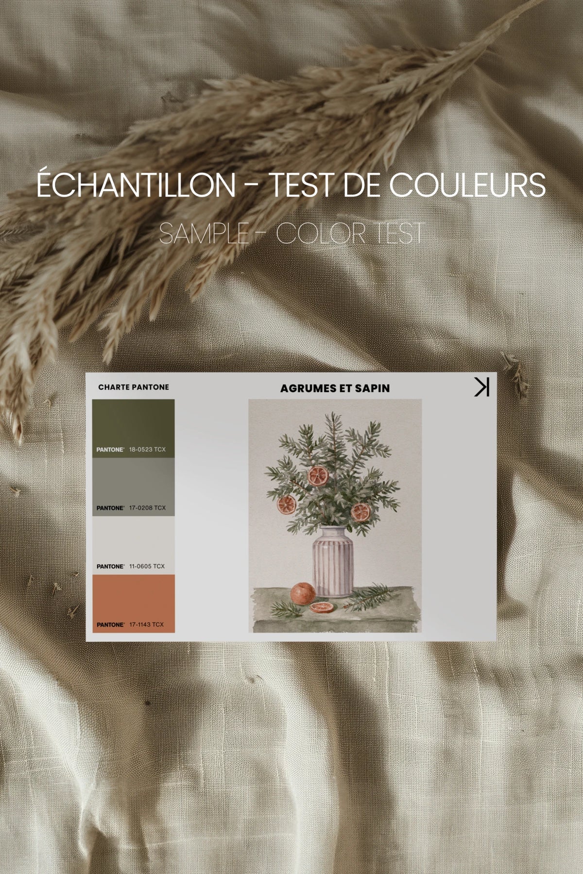 AGRUMES ET SAPIN, Oeuvre sur toile rigide, encadré brun chêne
