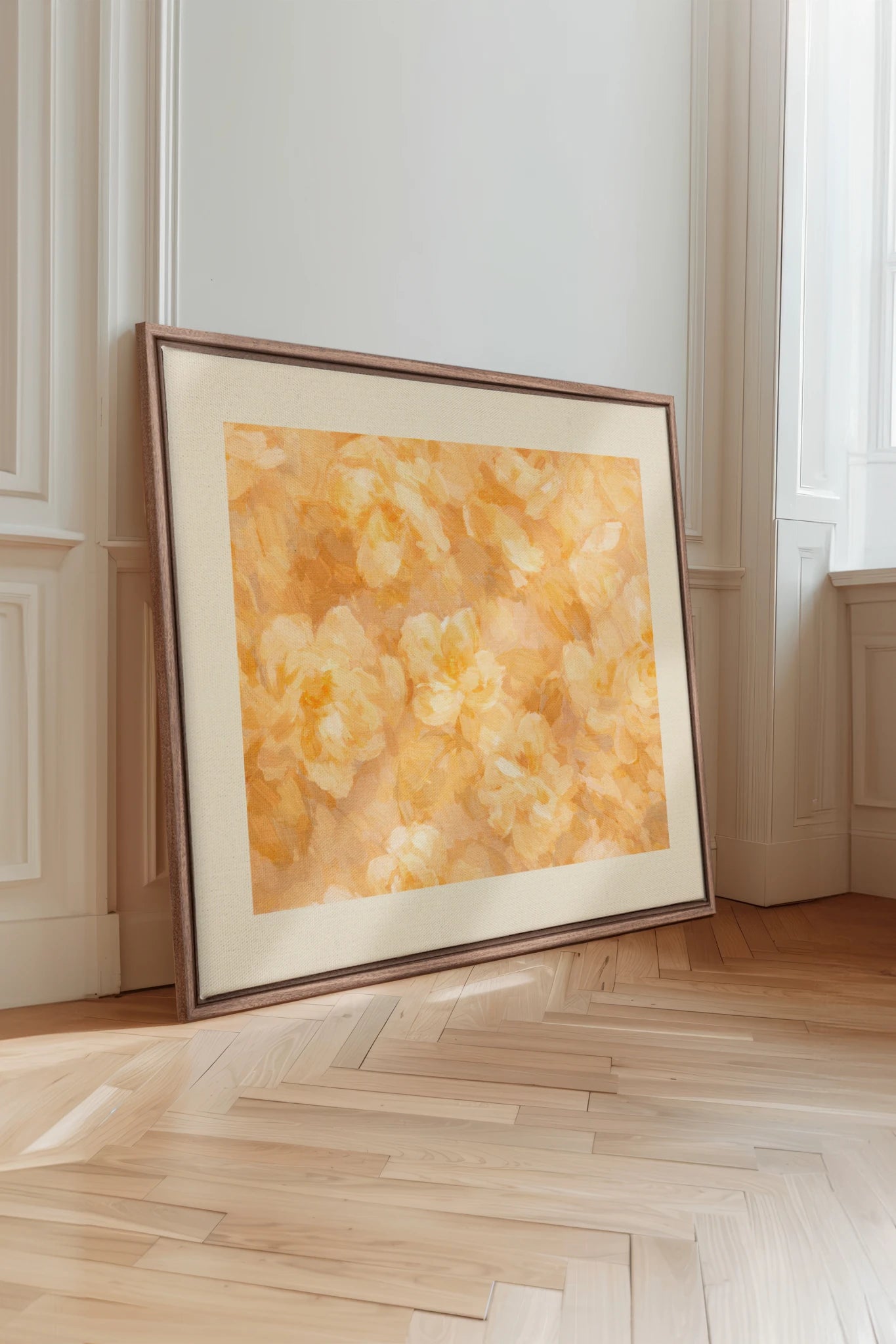 APRICOT PETALS, Work on stretched canvas, framed Oak Brown
