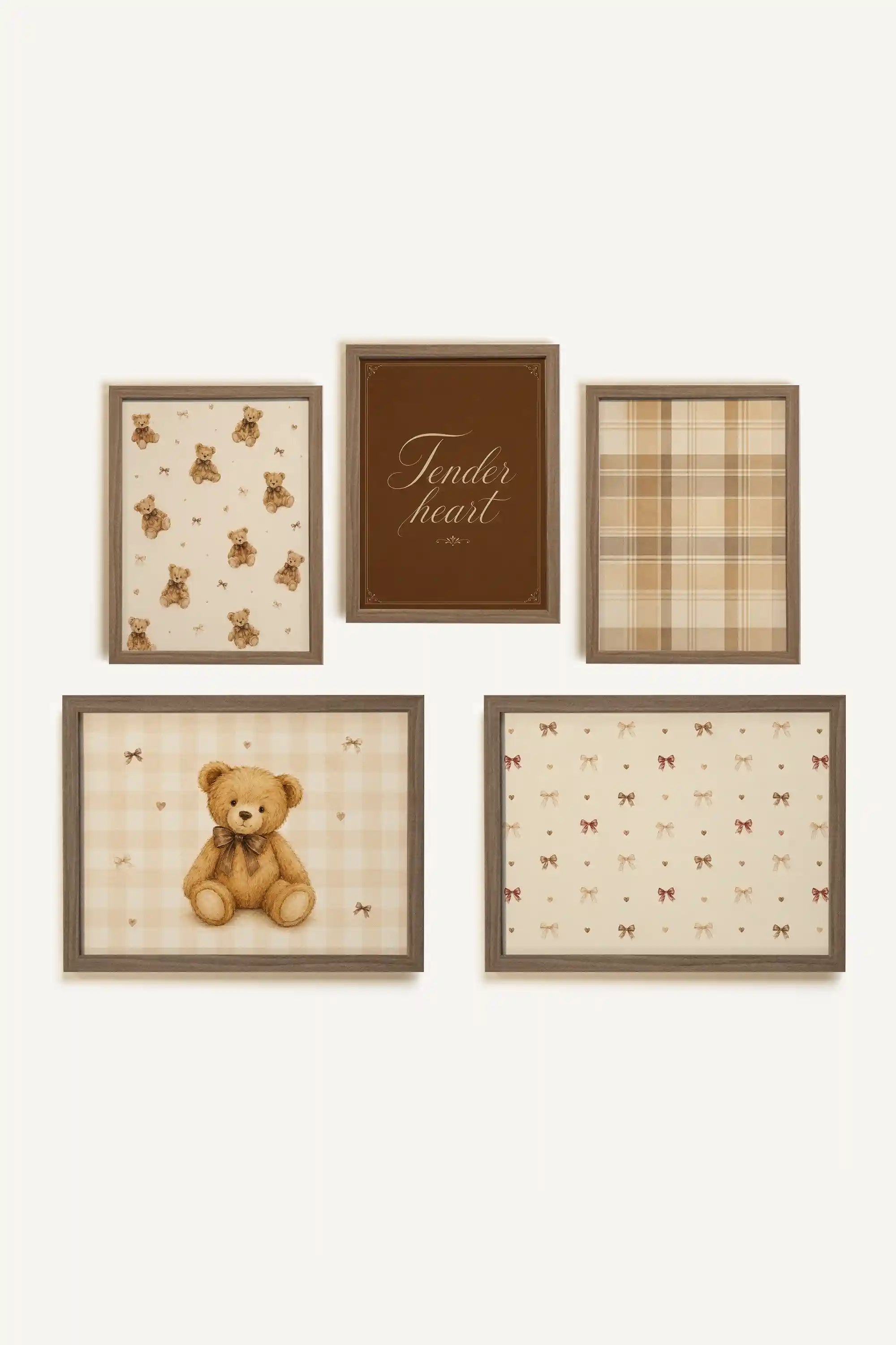 TINY TEDDY, set of 5 works on rigid canvas, framed in brown oak