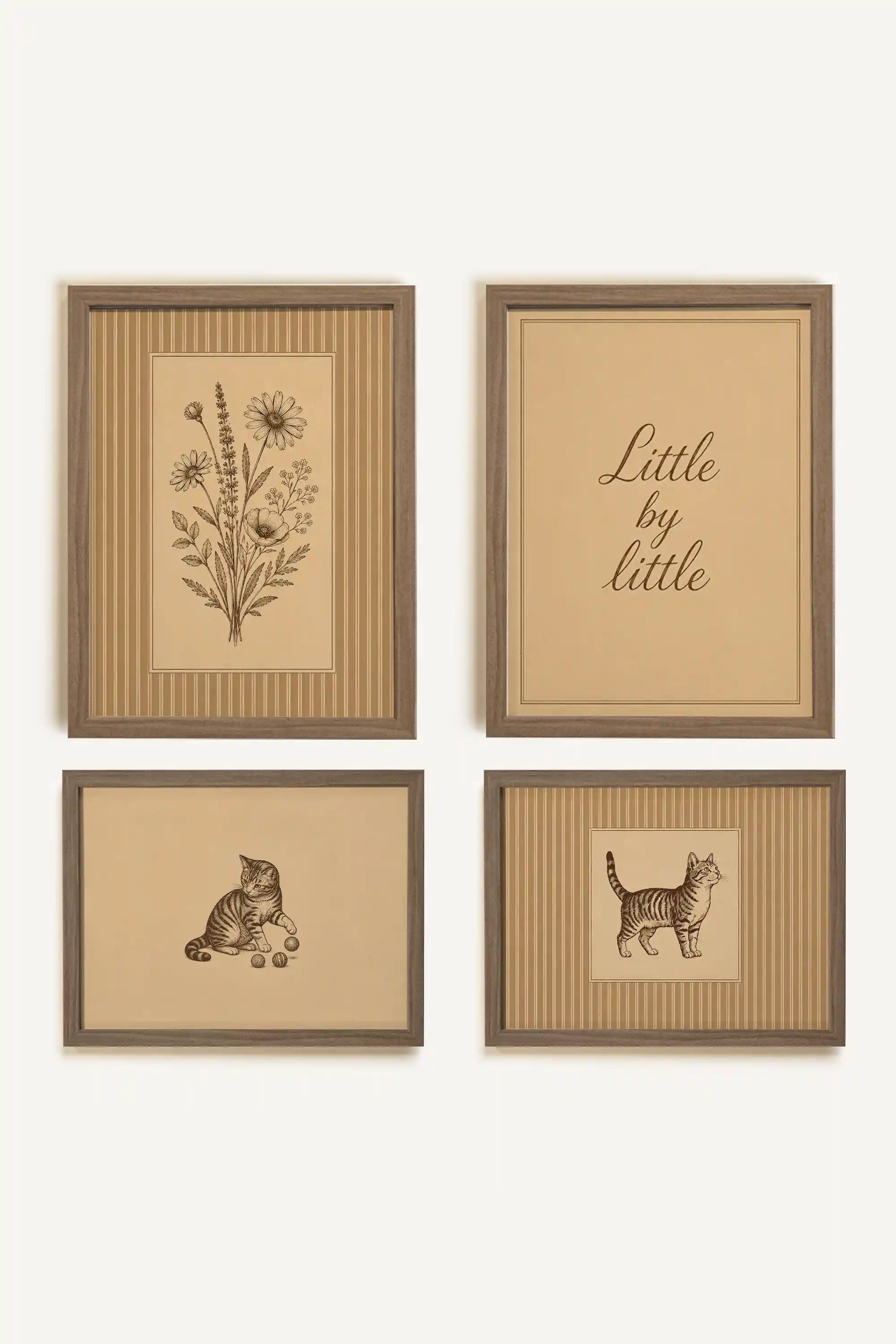 LITTLE COMPANION, set of 4 works on rigid canvas, framed in brown oak