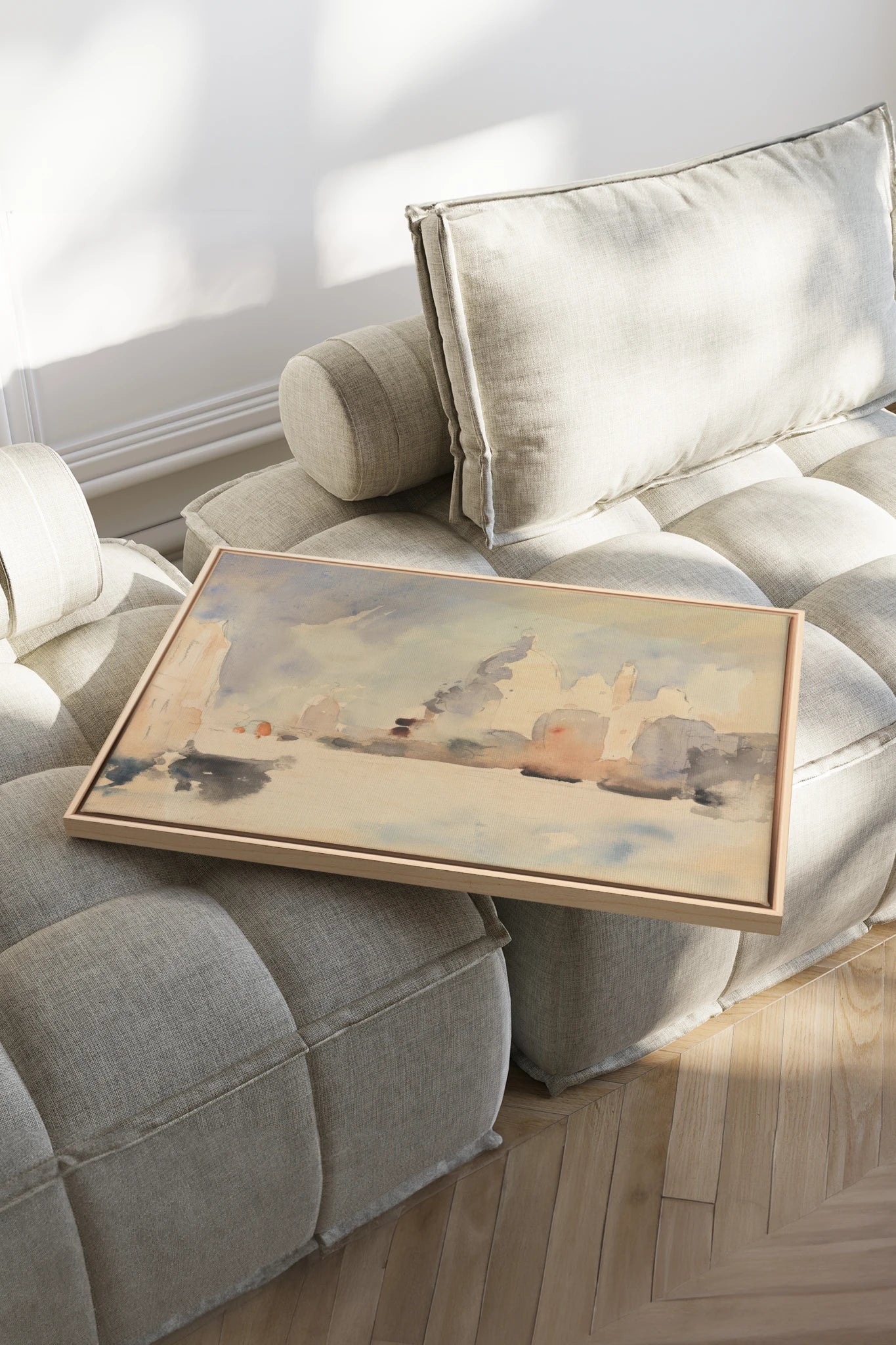 CITY IN MIST, Work on stretched canvas, framed Naturel Clair