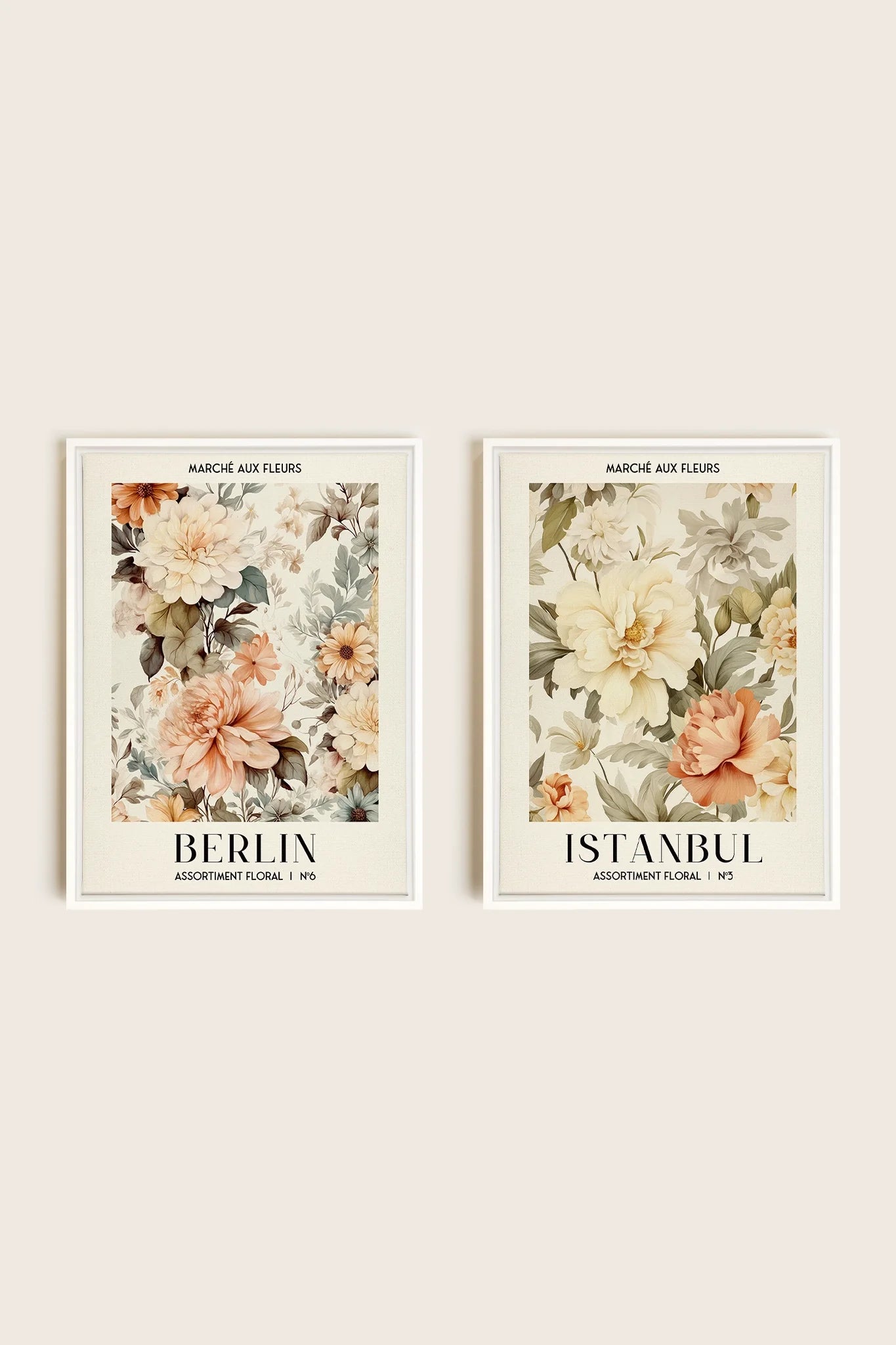 OLEKA CANVAS - DUO ASSORTIMENT FLORAL, 2 Oeuvres sur toile étirée, encadré Blanc