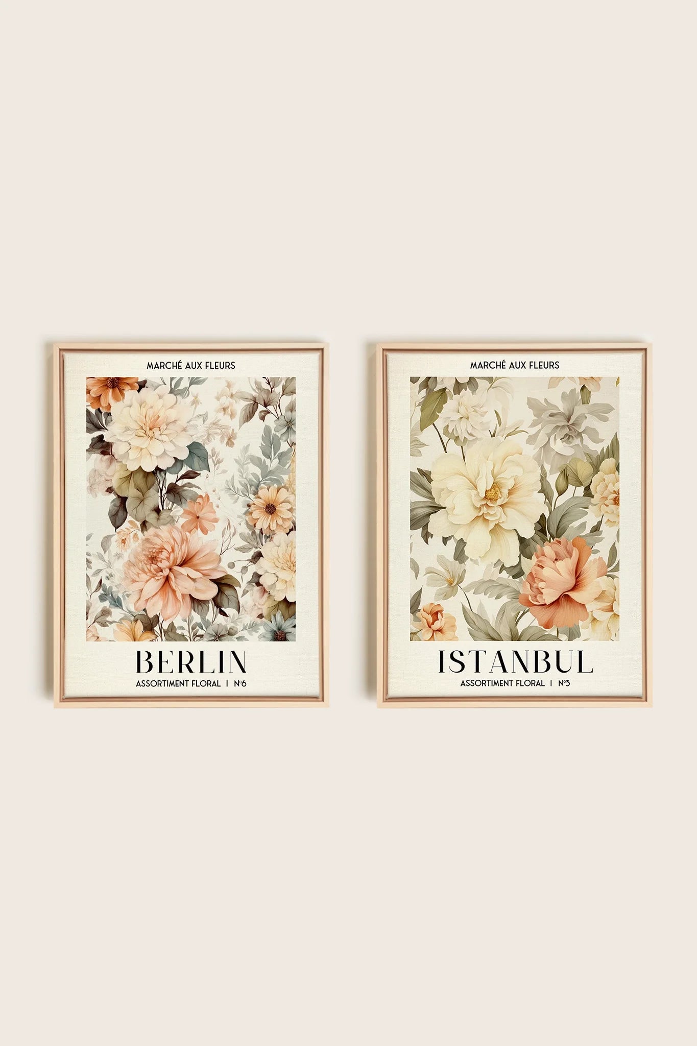 OLEKA CANVAS - DUO ASSORTIMENT FLORAL, 2 Oeuvres sur toile étirée, encadré Naturel Clair
