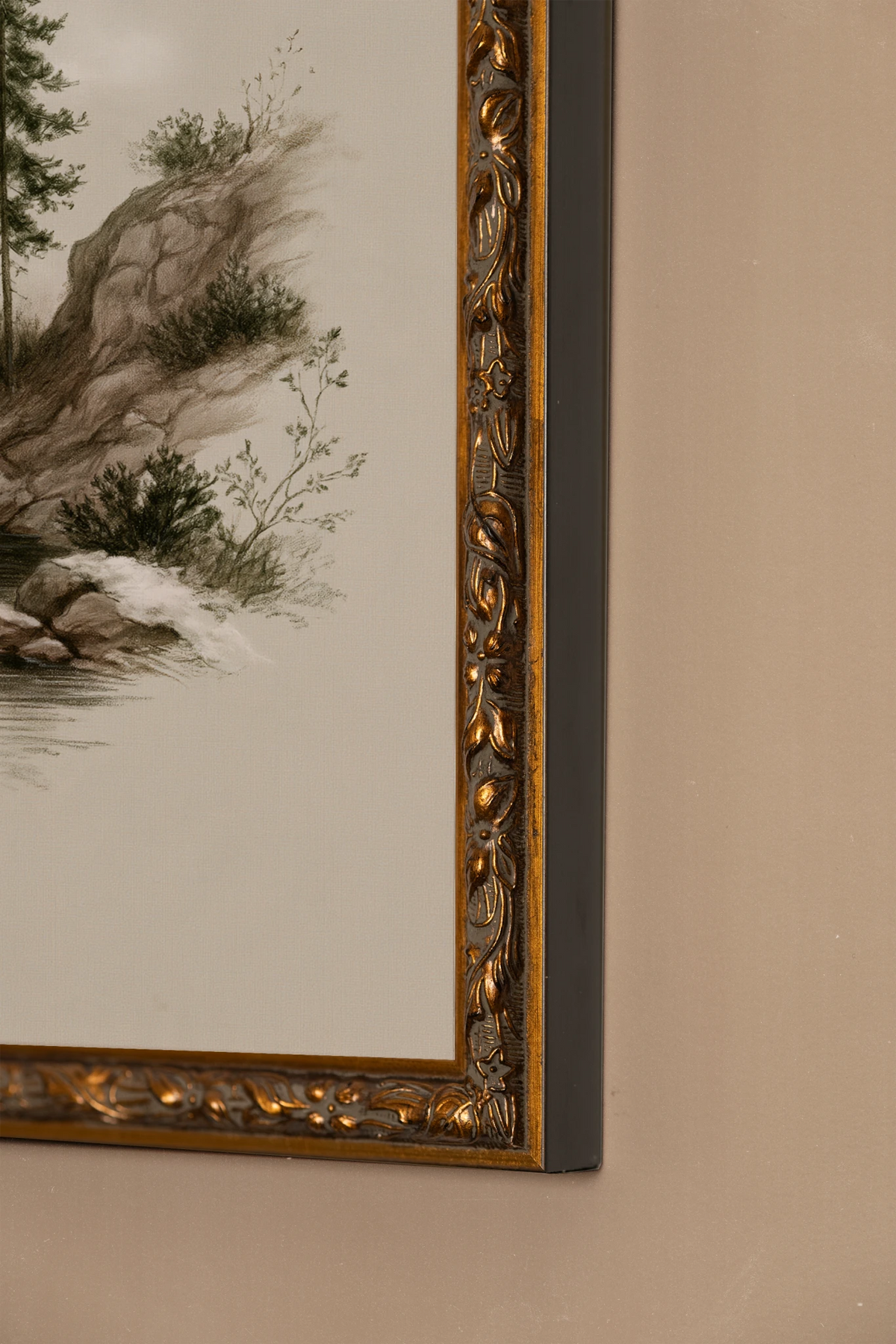 EVERGREEN RIVER, Artwork on rigid canvas, framed Vintage Bronze