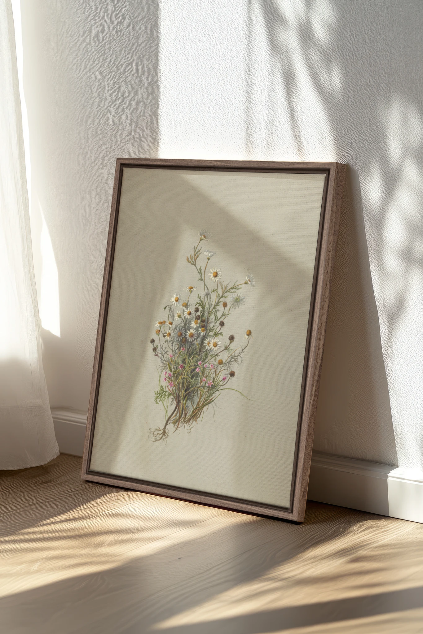 FLEURS DES PRÉS, Oeuvre sur toile étirée, encadré Brun Chêne
