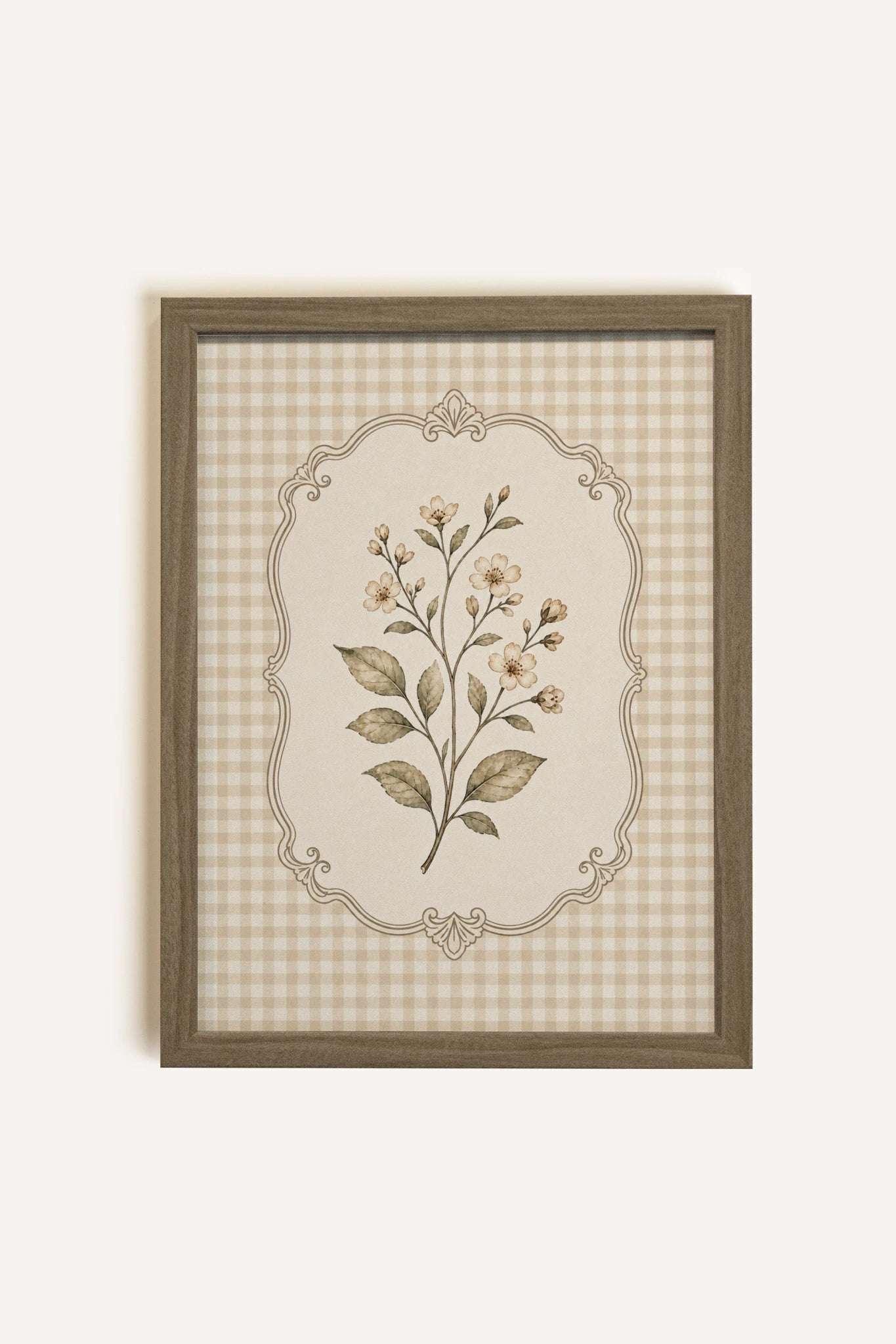 GINGHAM BLOOM, Artwork on rigid canvas, framed in oak brown
