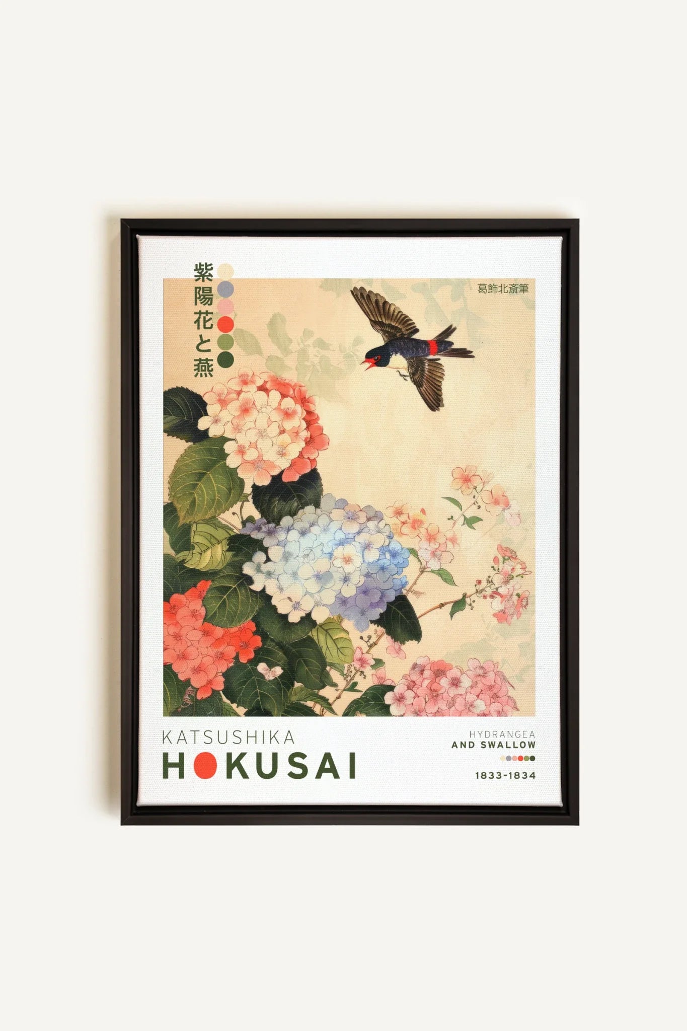 OLEKA CANVAS - HYDRANGEA AND SWALLOW, Oeuvre sur toile étirée, encadré Noir