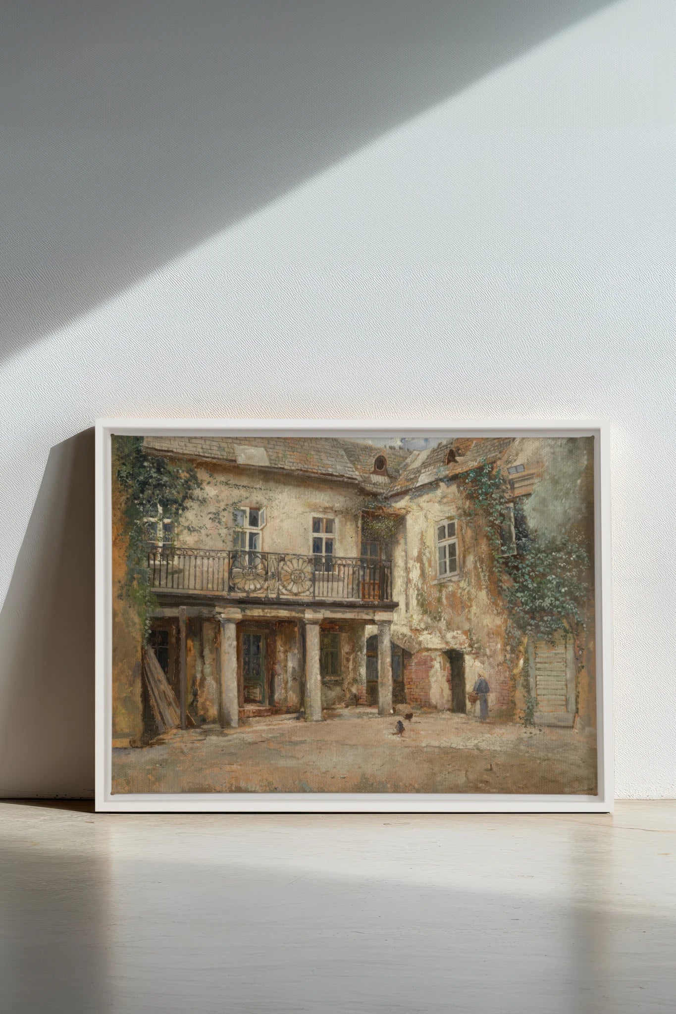 LA COUR PAISIBLE, Oeuvre sur toile étirée, encadré Blanc