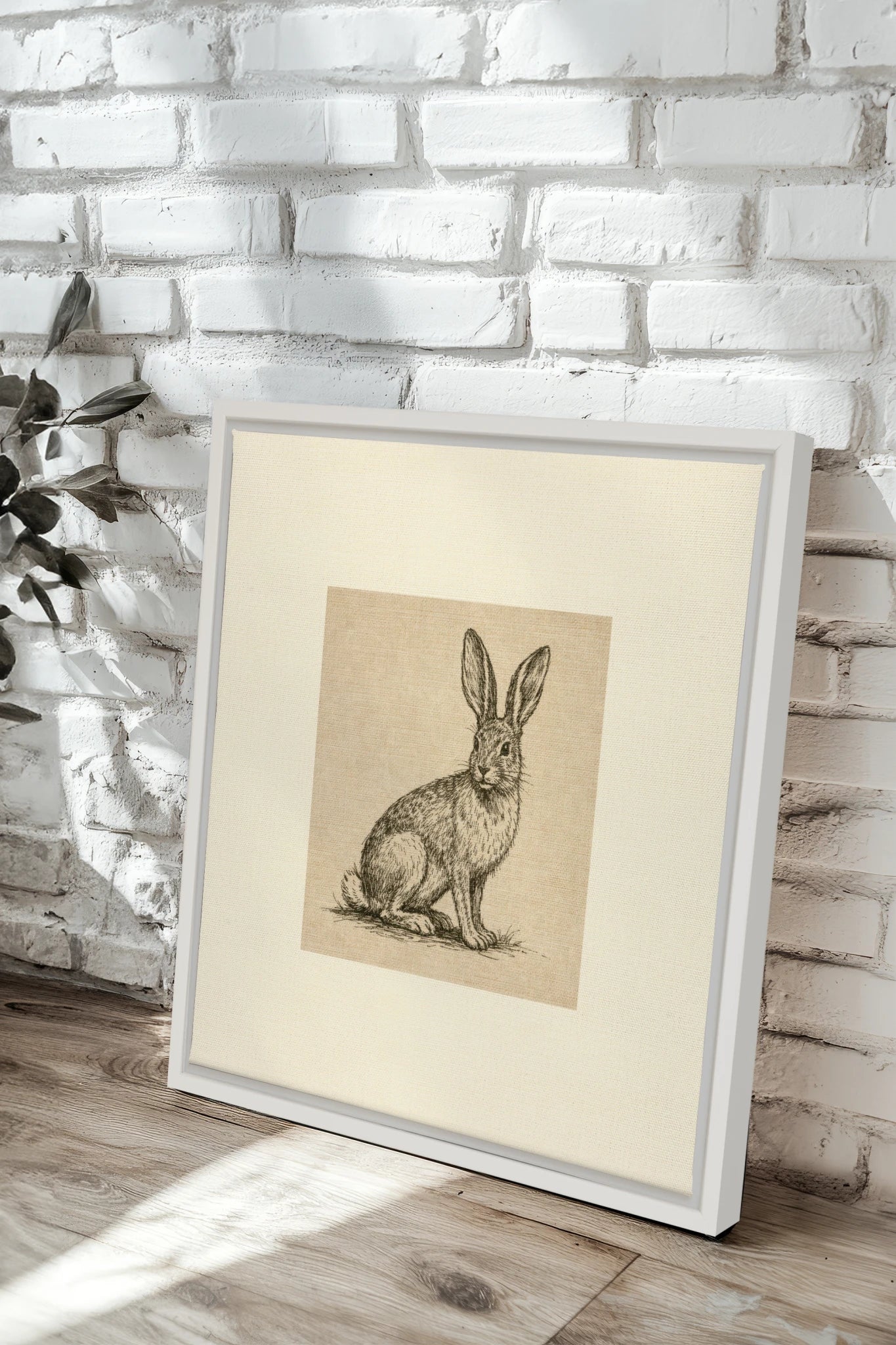 LAPIN DE LIN, Oeuvre sur toile étirée, encadré Blanc