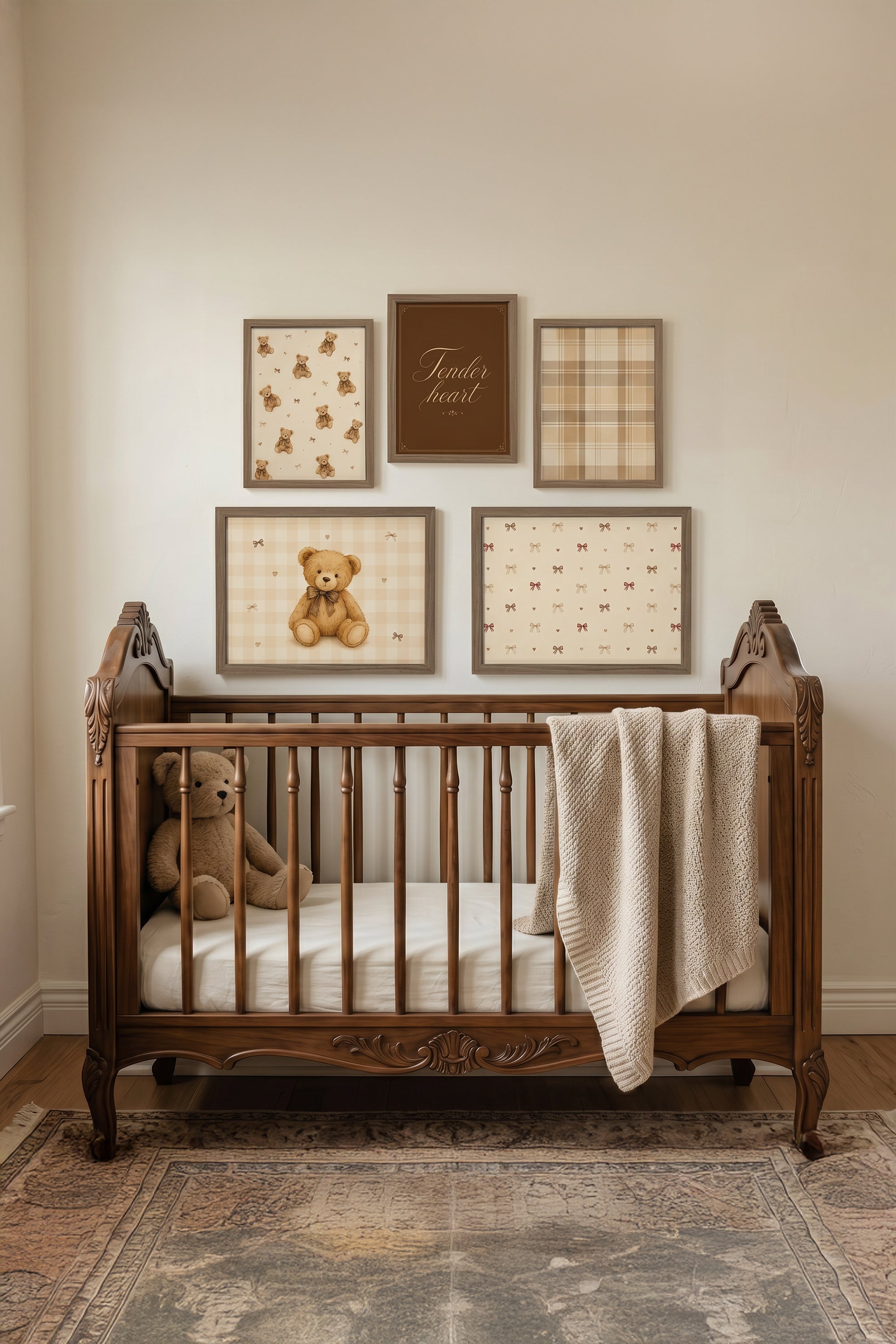 TINY TEDDY, set of 5 works on rigid canvas, framed in brown oak