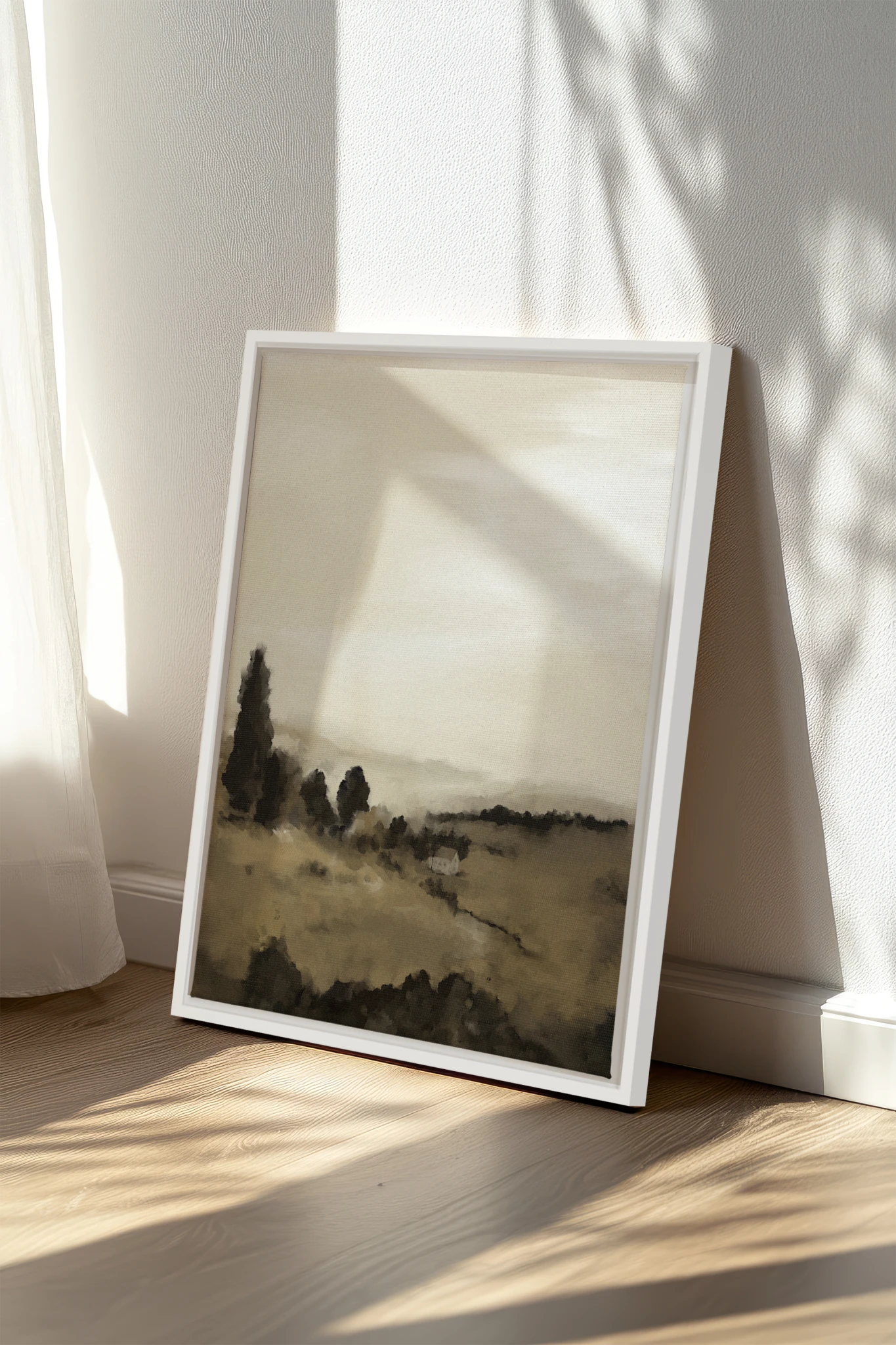 PRAIRIE DE BRUME, Oeuvre sur toile étirée, encadré Blanc