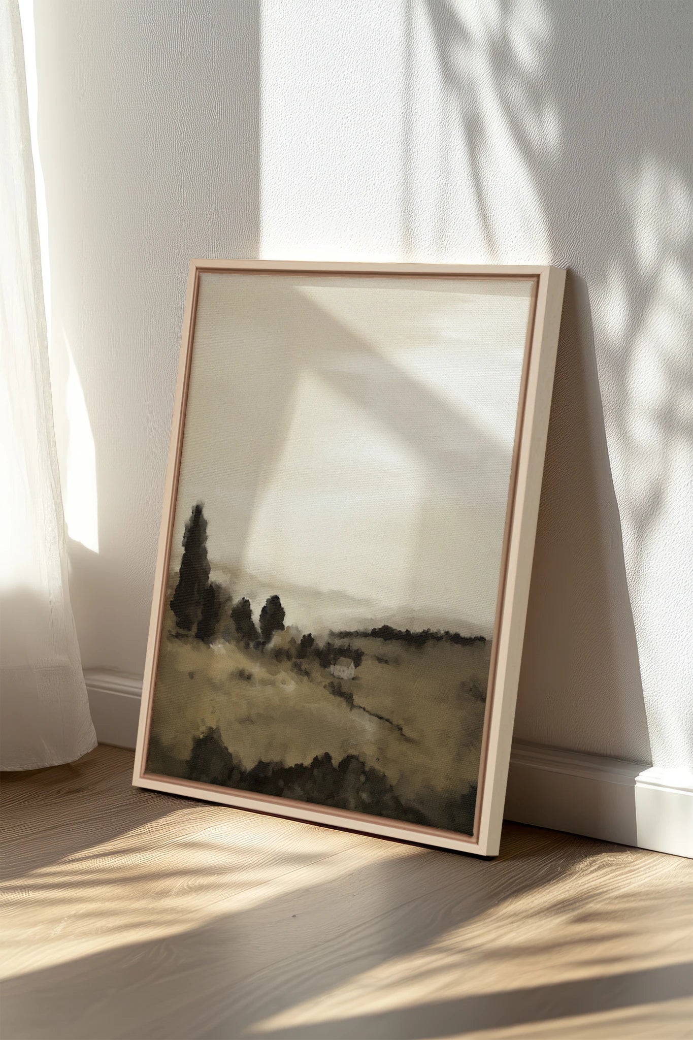 PRAIRIE DE BRUME, Oeuvre sur toile étirée, encadré Naturel Clair