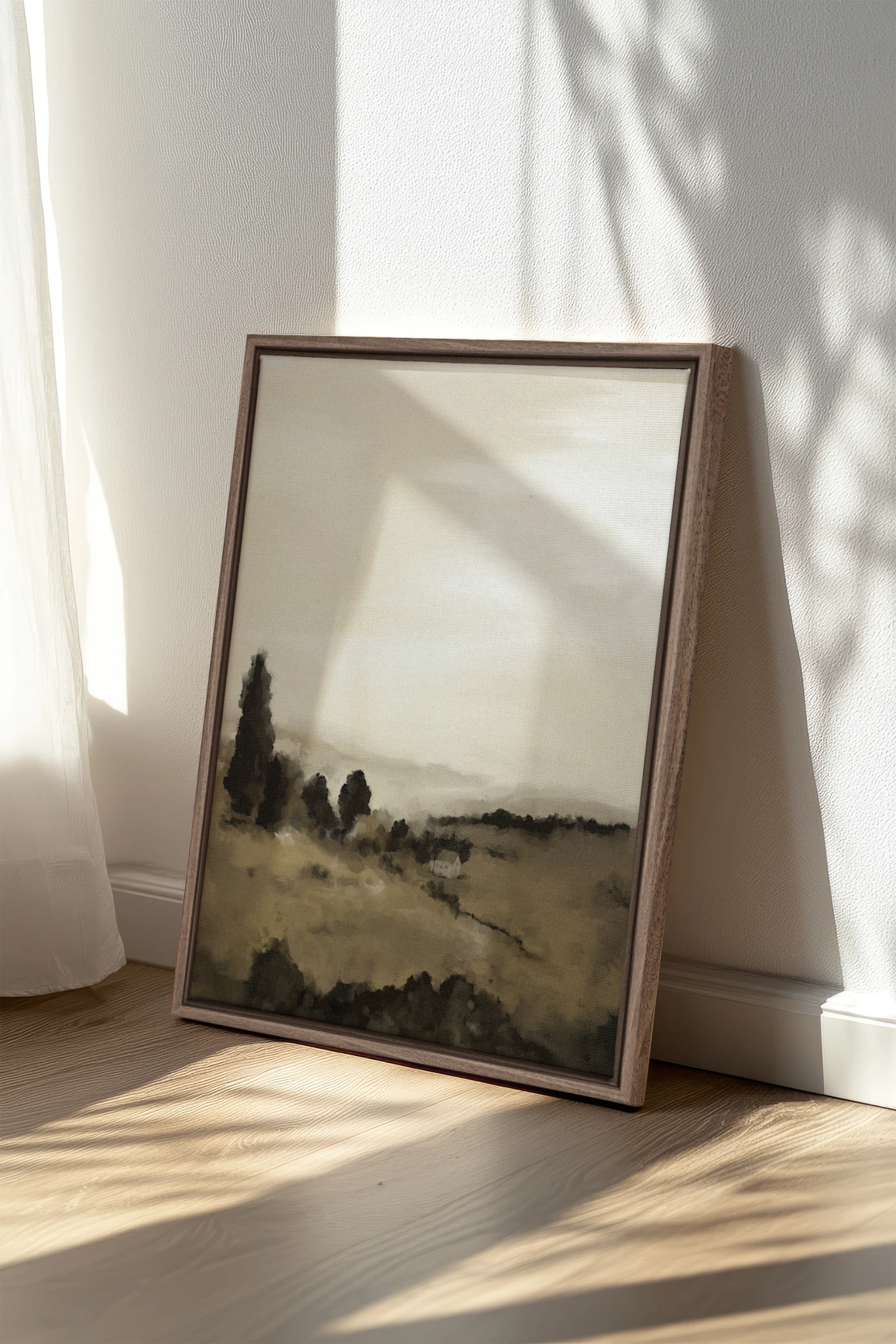 PRAIRIE DE BRUME, Oeuvre sur toile étirée, encadré Brun Chêne