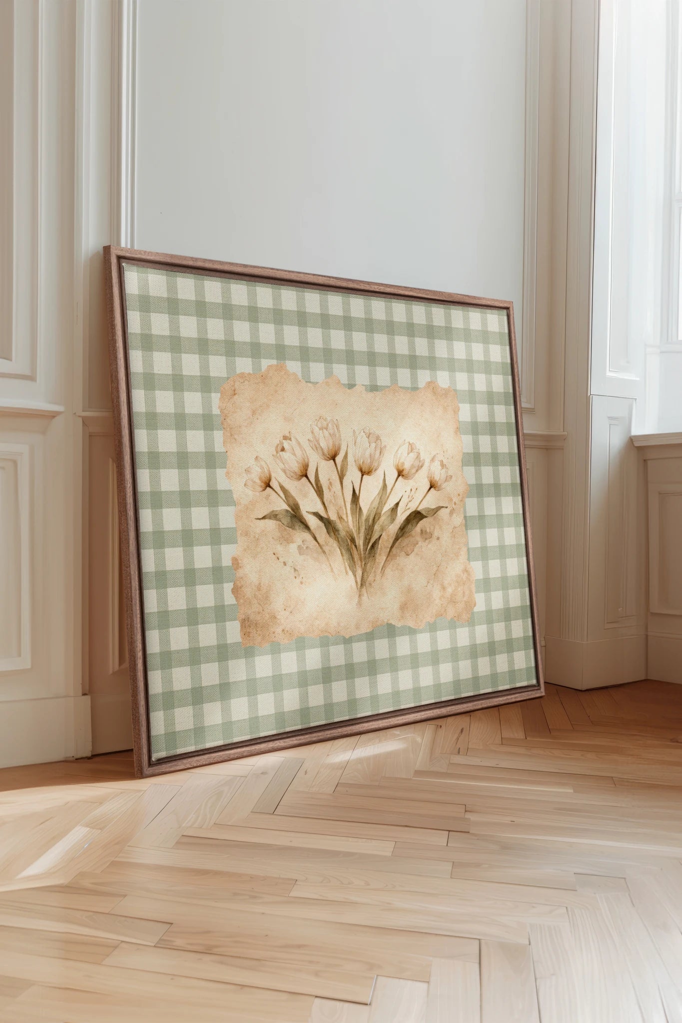 SAGE GINGHAM, Oeuvre sur toile étirée, encadré Brun Chêne