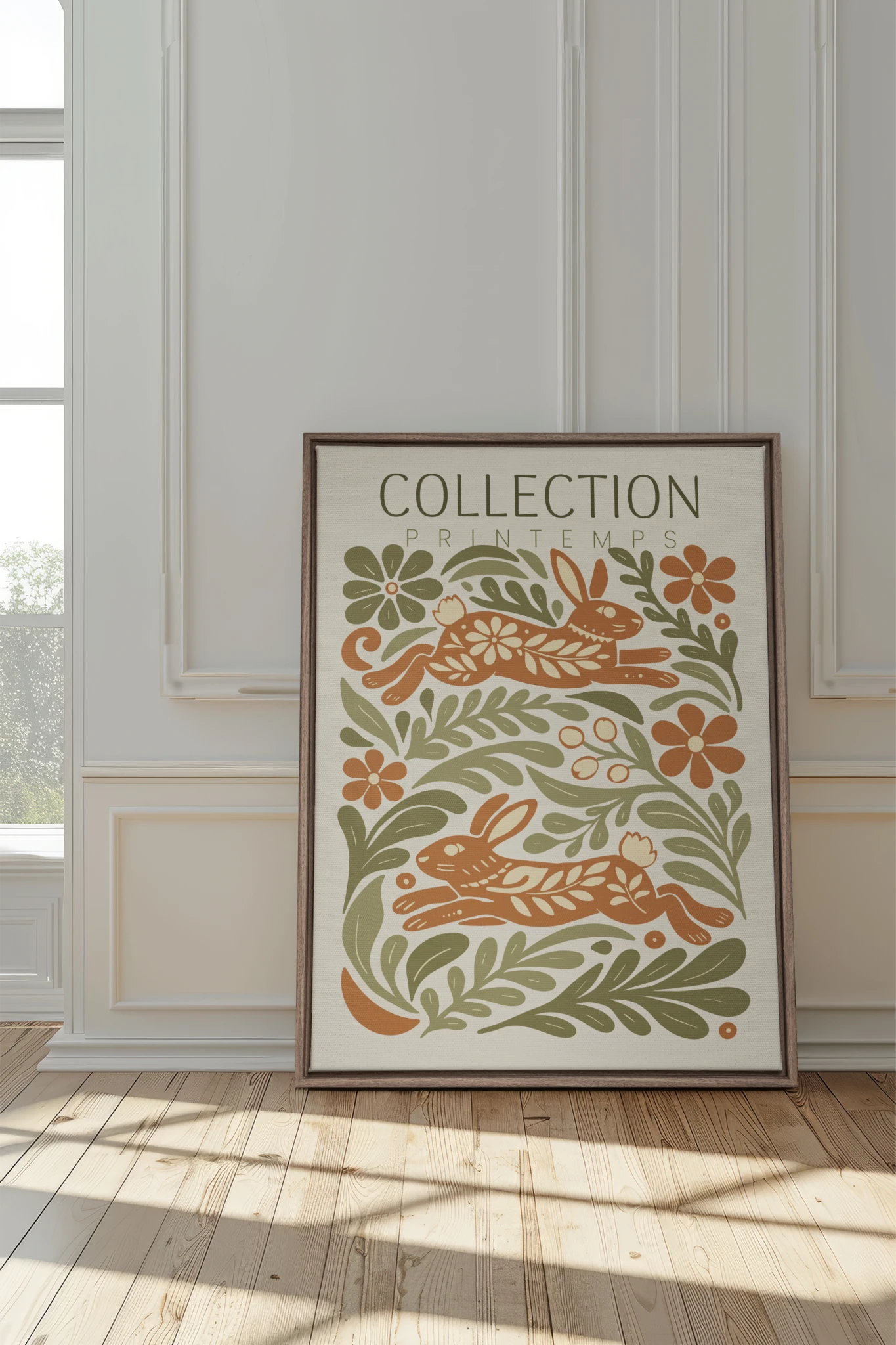 SPRING RABBITS, Work on stretched canvas, framed Oak Brown