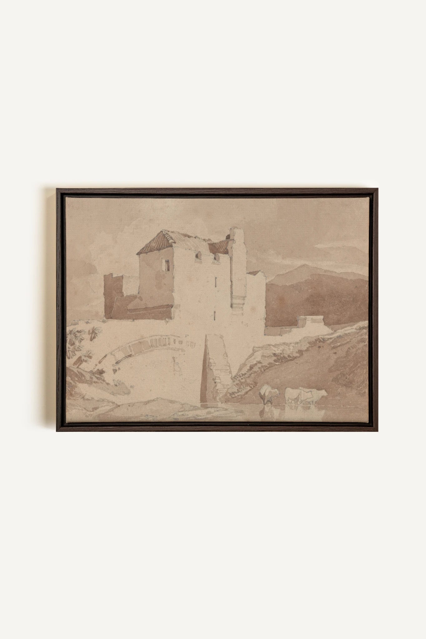 STONE AND STREAM, Artwork on stretched canvas, framed in Walnut Brown