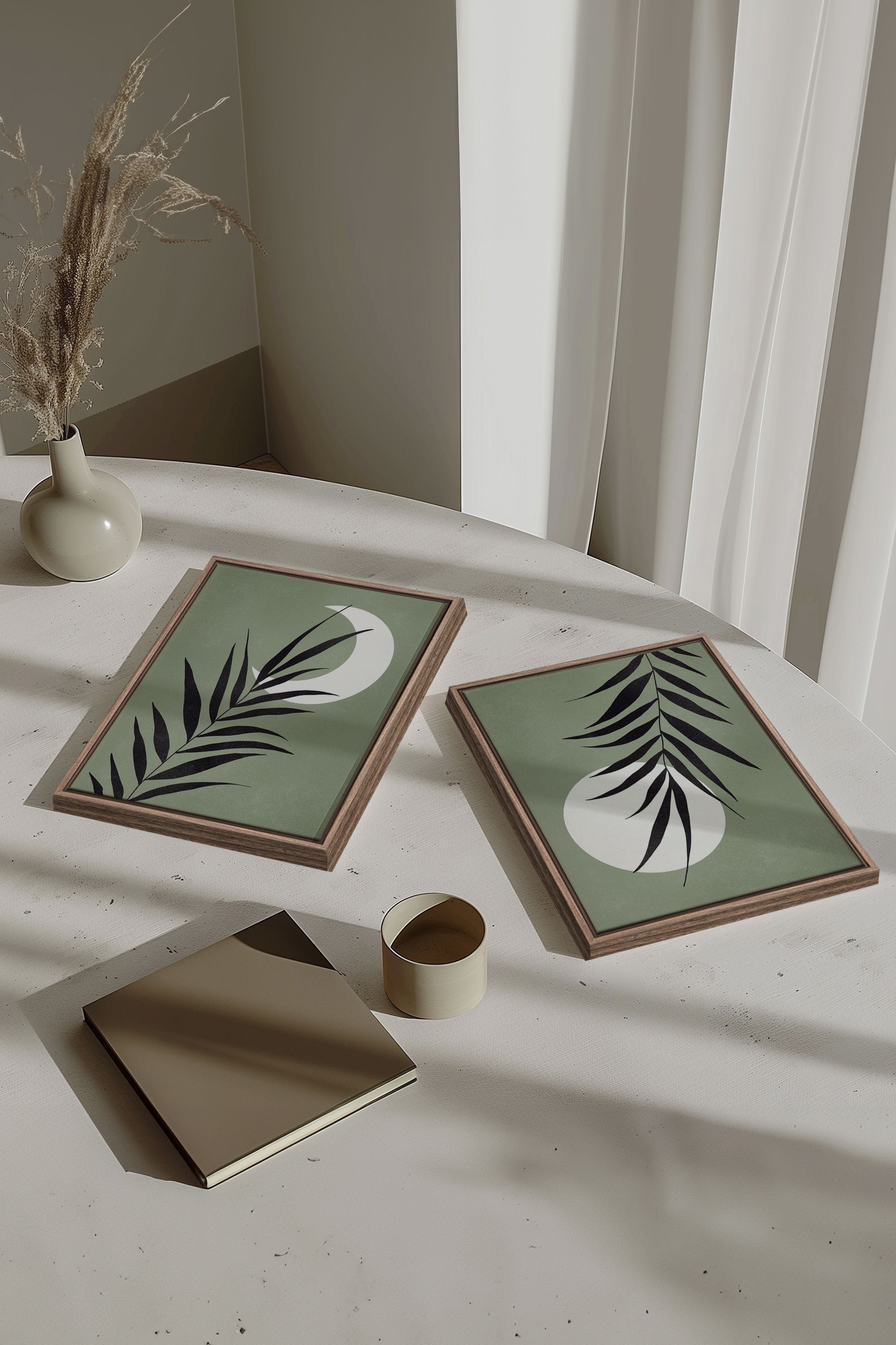 OLEKA CANVAS - MOONLIGHT SILHOUETTES, 2 Oeuvres sur toile étirée, encadré Brun Chêne