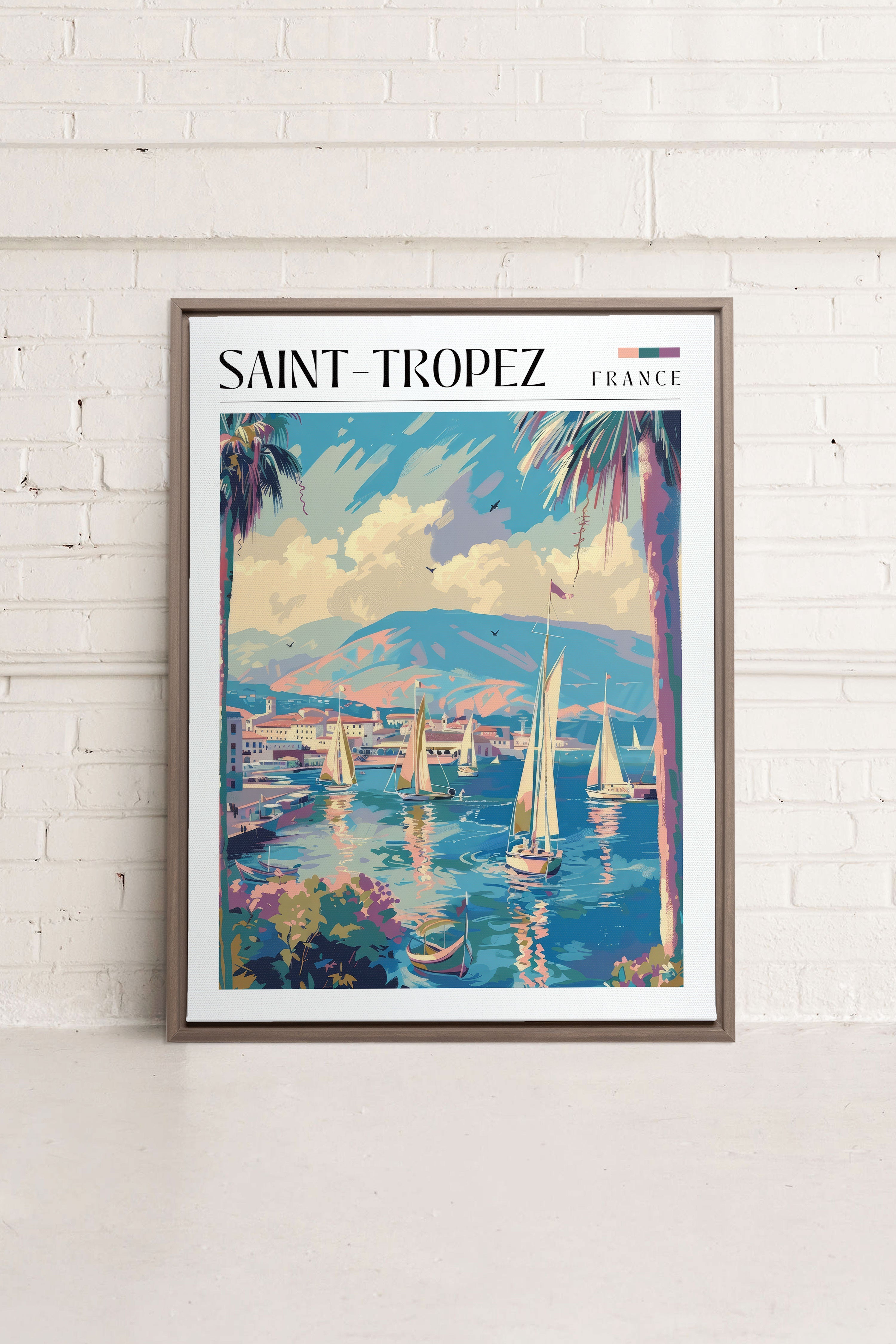 OLEKA CANVAS - Saint-Tropez, Oeuvre sur toile étirée, encadré Brun Chêne
