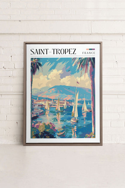 OLEKA CANVAS - Saint-Tropez, Oeuvre sur toile étirée, encadré Brun Chêne
