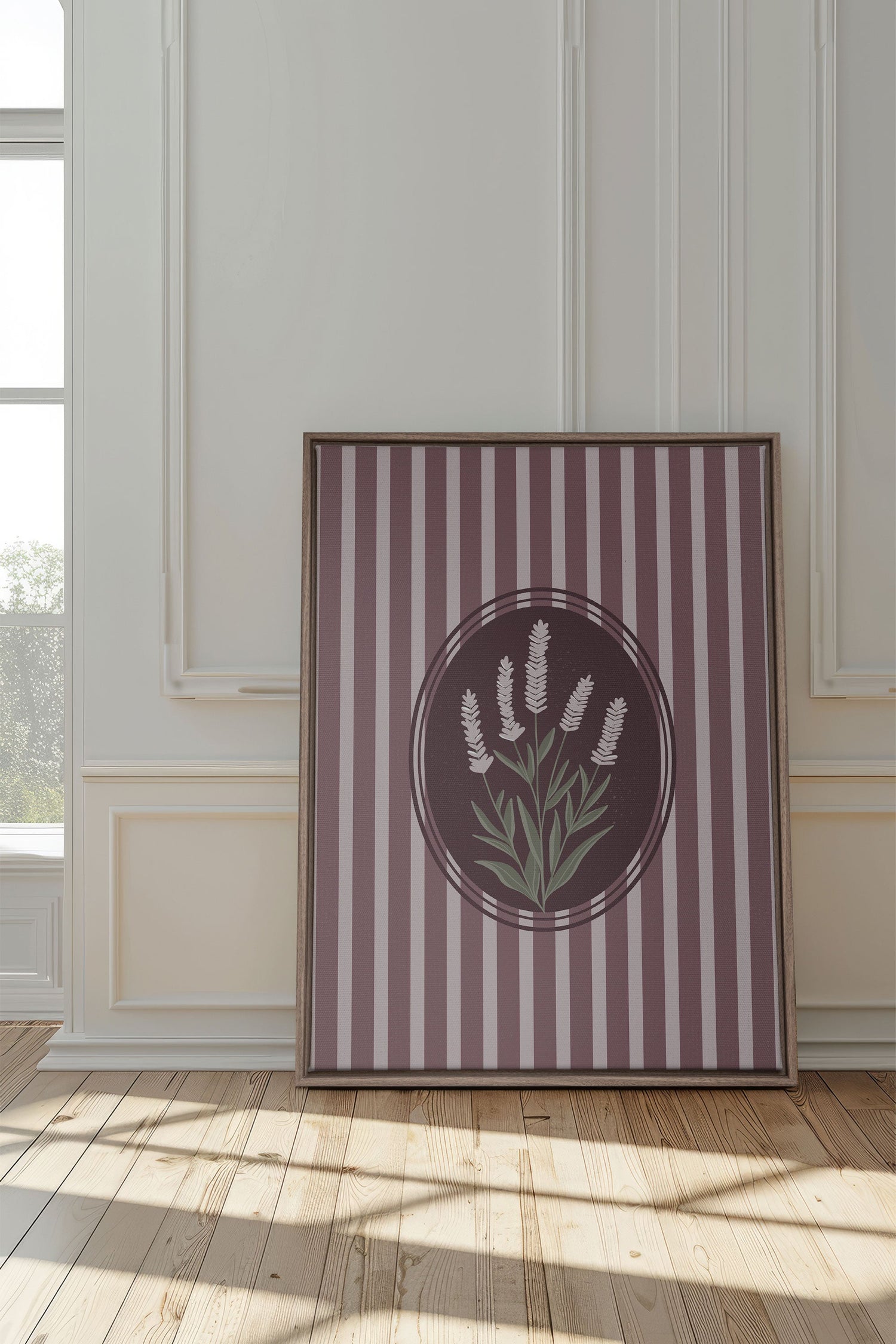 OLEKA CANVAS - LAVENDER STRIPES, Oeuvre sur toile étirée, encadré Brun Chêne