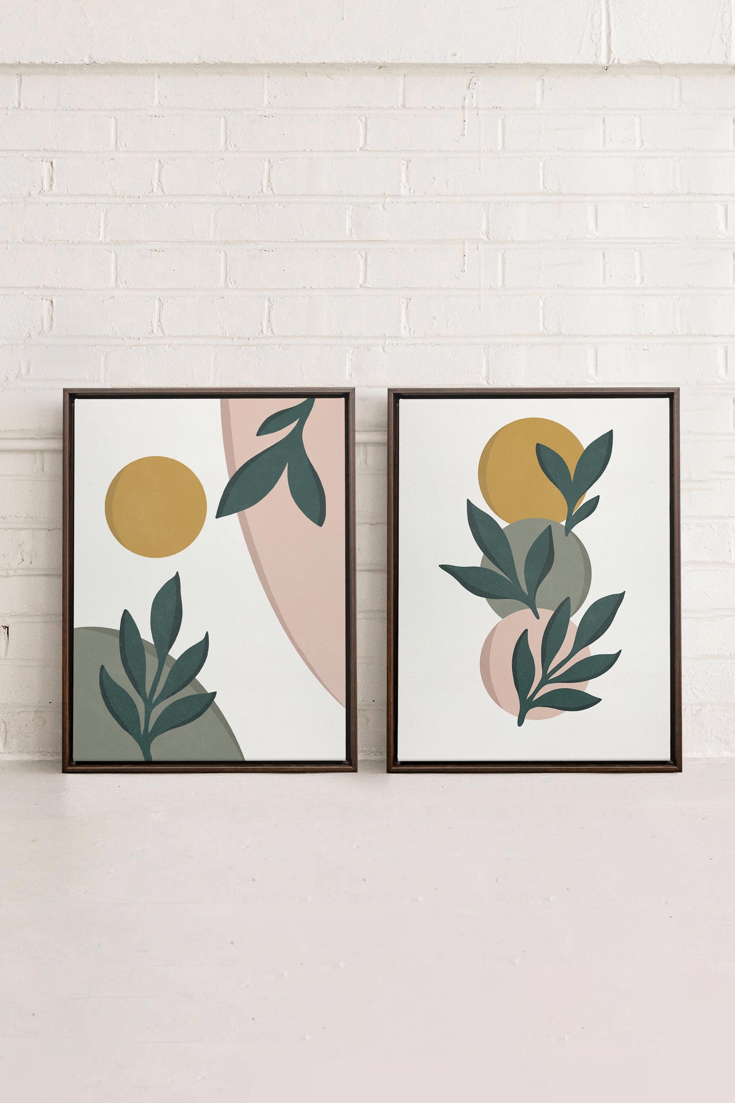 OLEKA CANVAS - RADIANT FLORA DUO, 2 Oeuvres sur toile étirée, encadré Brun Noyer