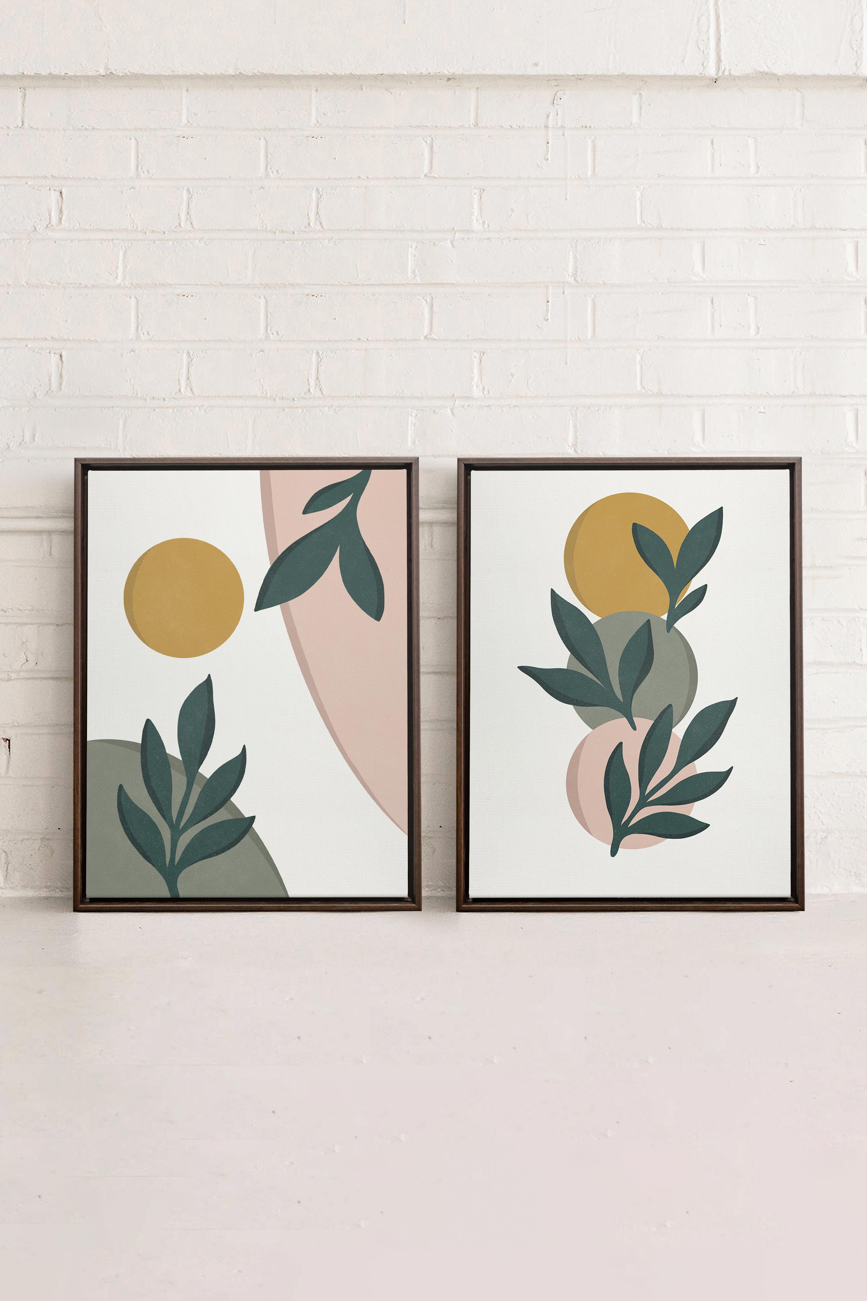 OLEKA CANVAS - RADIANT FLORA DUO, 2 Oeuvres sur toile étirée, encadré Brun Noyer