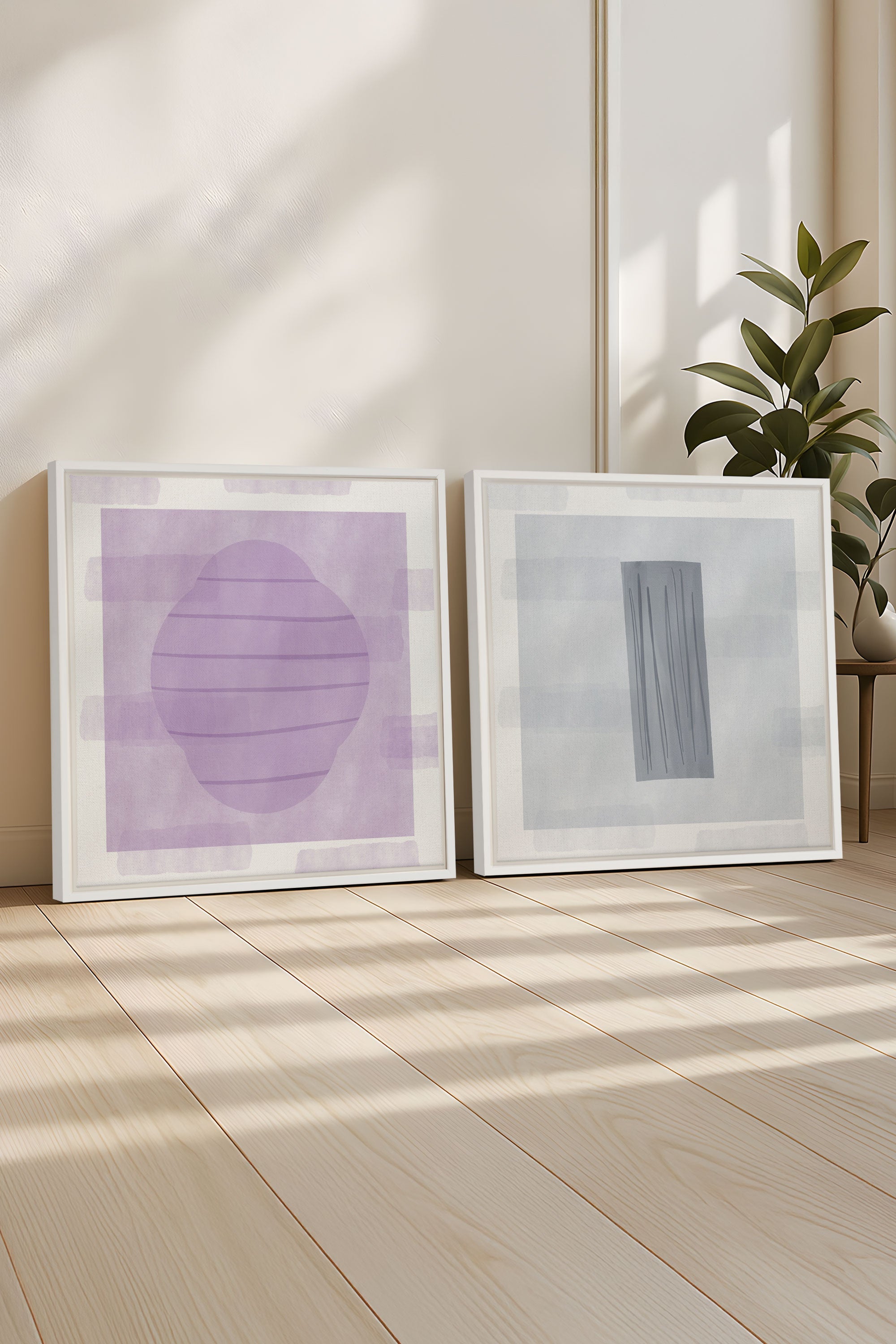 OLEKA CANVAS - DUO CALME CONTRASTÉ, 2 Oeuvres sur toile étirée, encadré Blanc