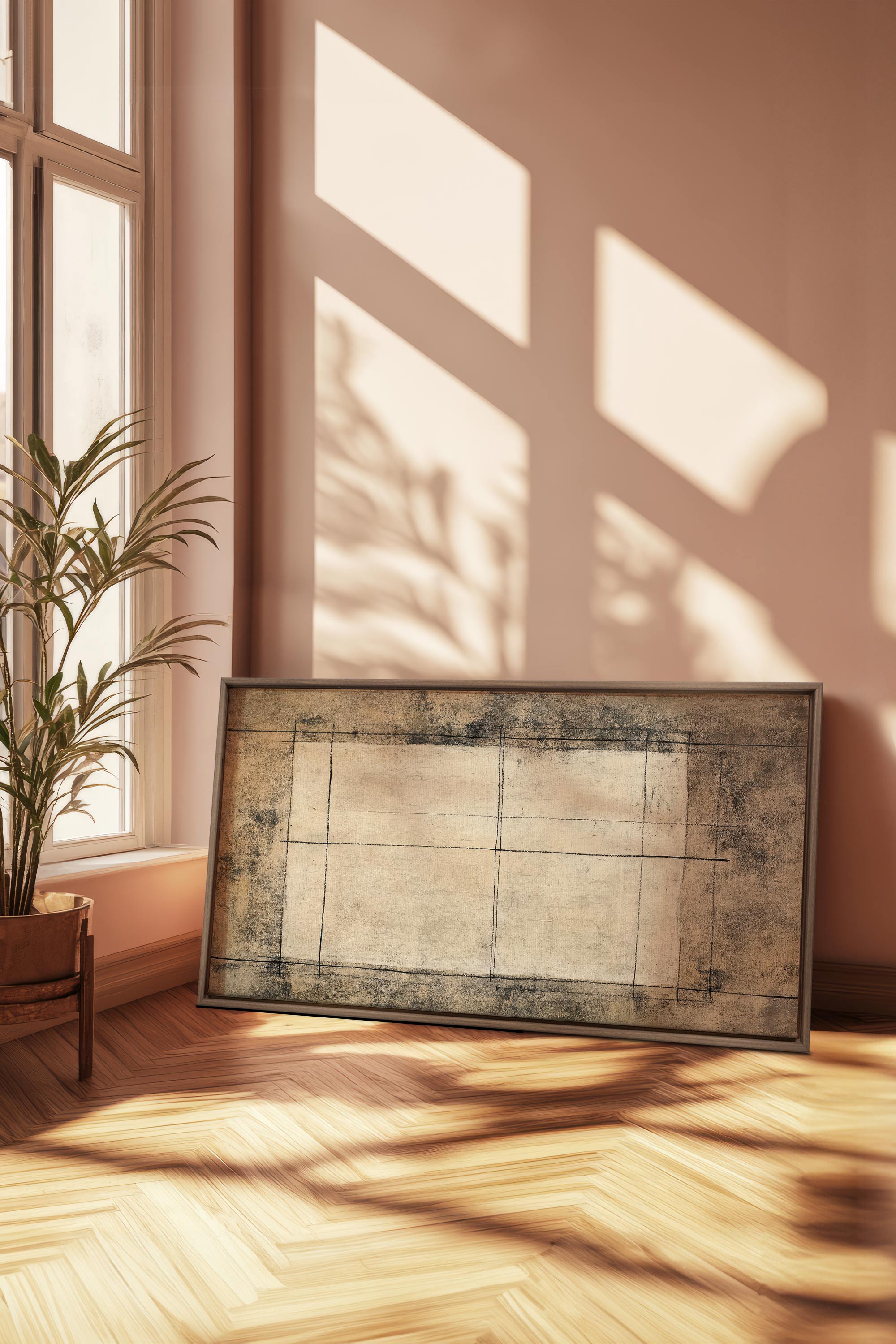 OLEKA CANVAS - ANCIENT LINES, Oeuvre sur toile étirée, encadré Brun Chêne