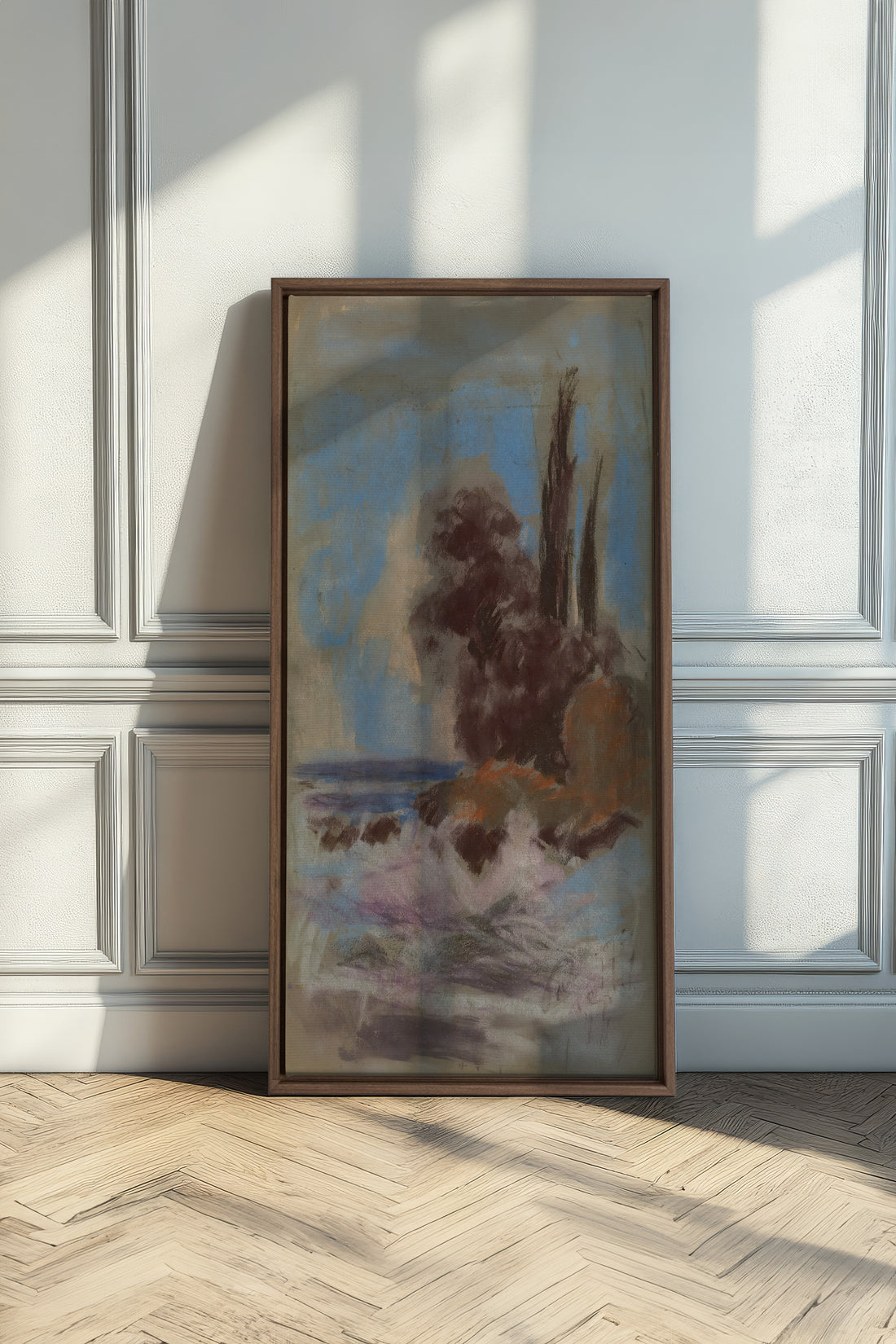 FOSSIL BLUE, Artwork on stretched canvas, framed in Oak Brown