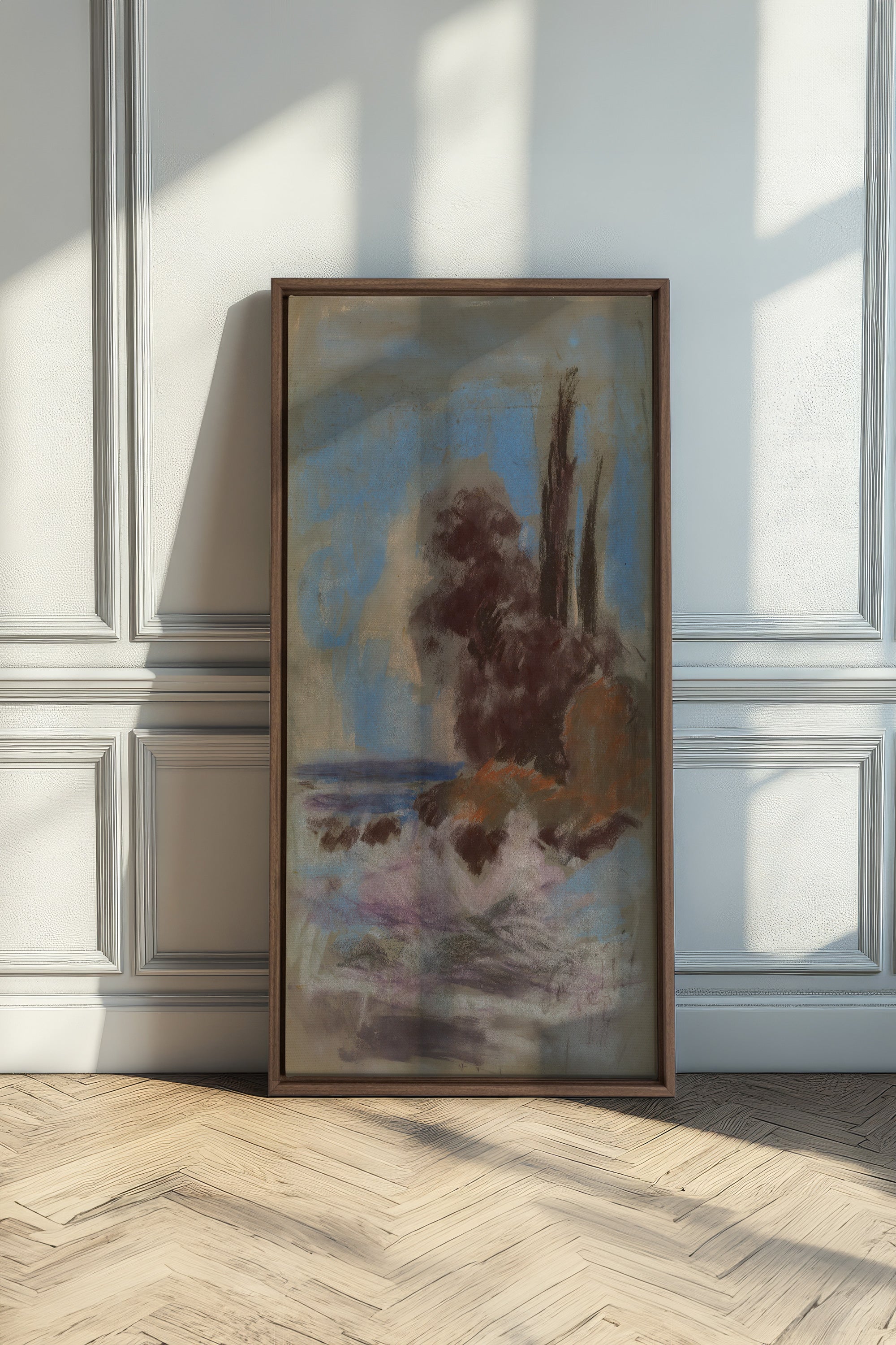 BLEU FOSSILE, Oeuvre sur toile étirée, encadré Brun Chêne