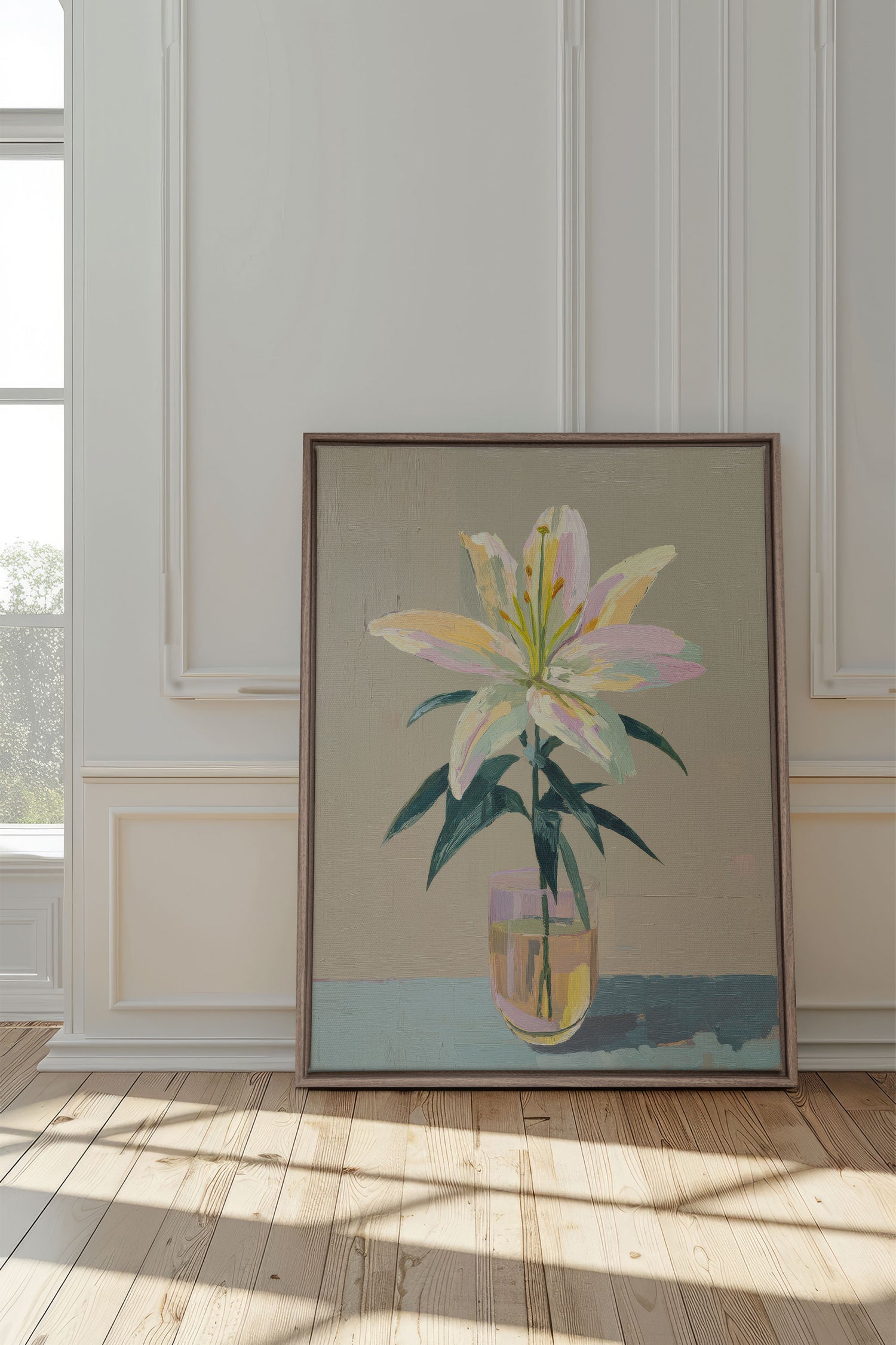 ETERNAL LILY, Artwork on stretched canvas, framed in Brown Oak