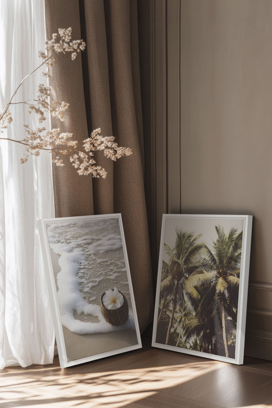 OLEKA CANVAS - DUO SABLE &amp; COCO, 2 Oeuvres sur toile étirée, encadré Blanc