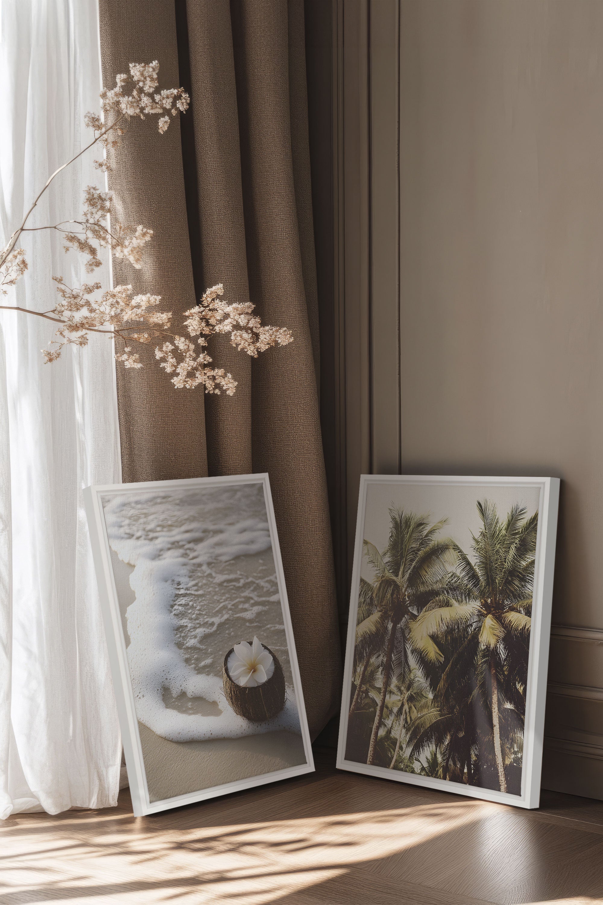 OLEKA CANVAS - DUO SABLE &amp; COCO, 2 Oeuvres sur toile étirée, encadré Blanc