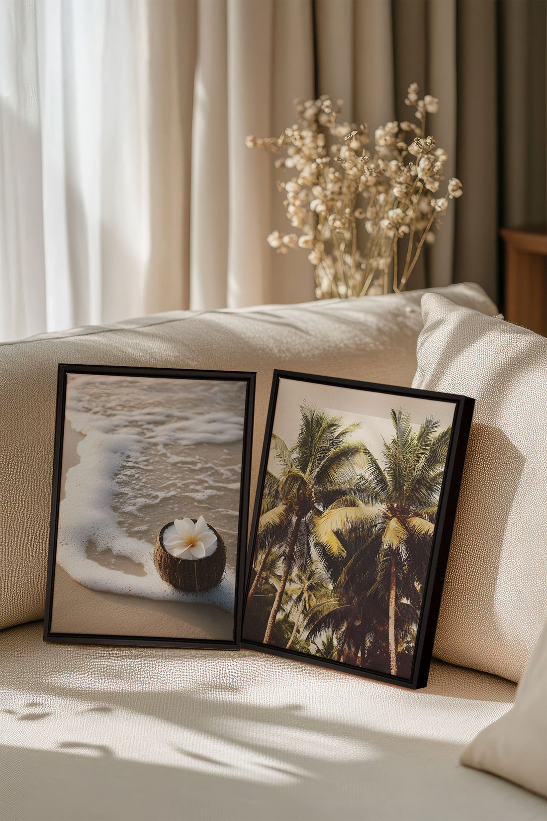 OLEKA CANVAS - DUO SABLE &amp; COCO, 2 Oeuvres sur toile étirée, encadré Noir